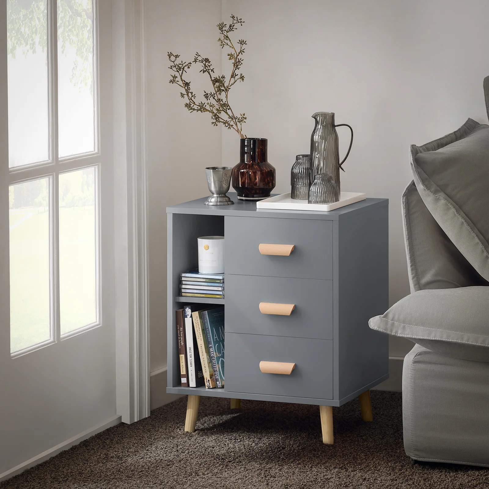 SoBuy FBT95-HG Side Table End of Sofa Nachtkastje Nachtkastje met 3 lades en 2 opbergplanken - Image 3