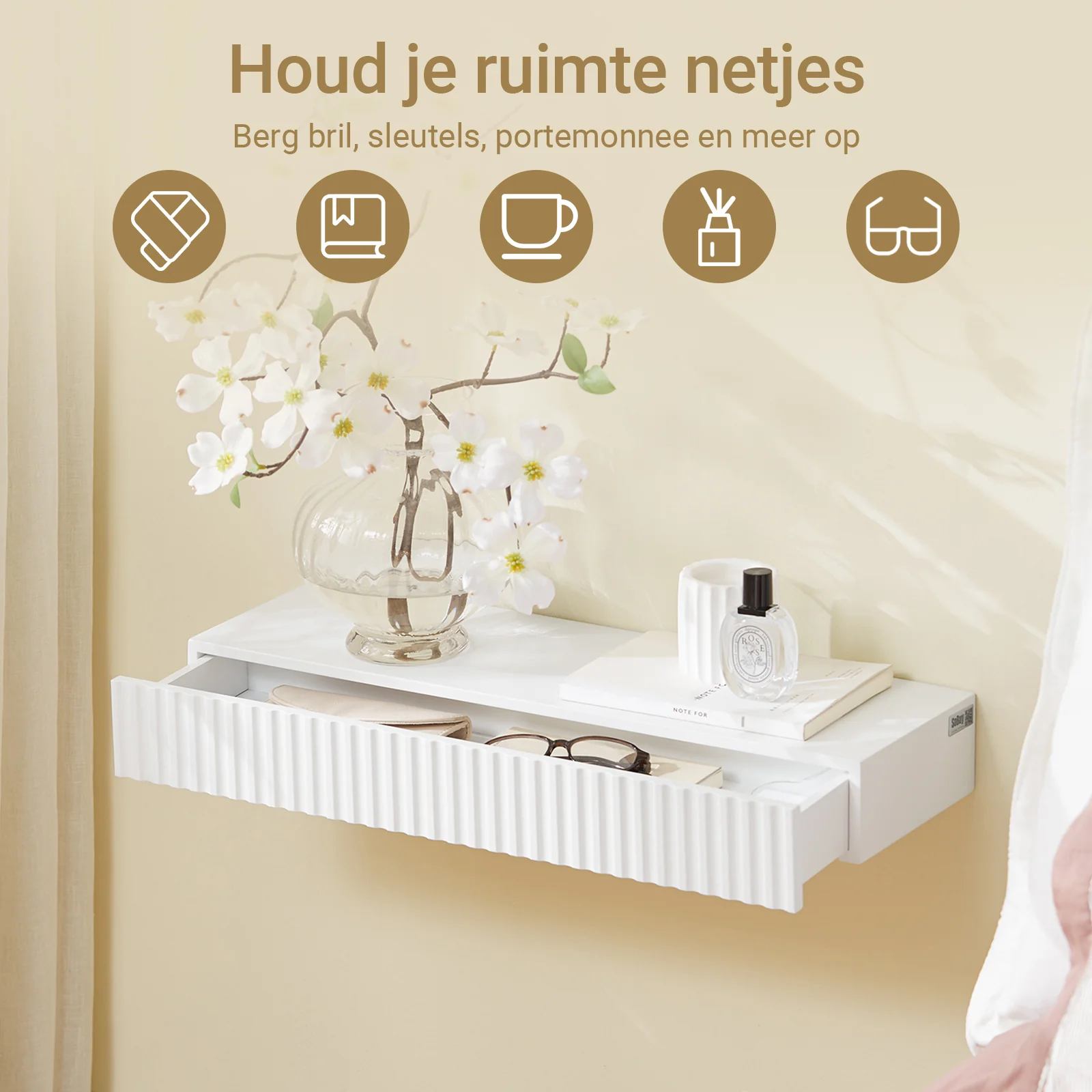 Pre-order SoBuy FHK38-W zwevende wandplank met lade & LED-bewegingssensor, wandplank voor slaapkamer, hal & woonkamer, batterijgevoed, B60 × D20 × H8 cm, wit - Image 3