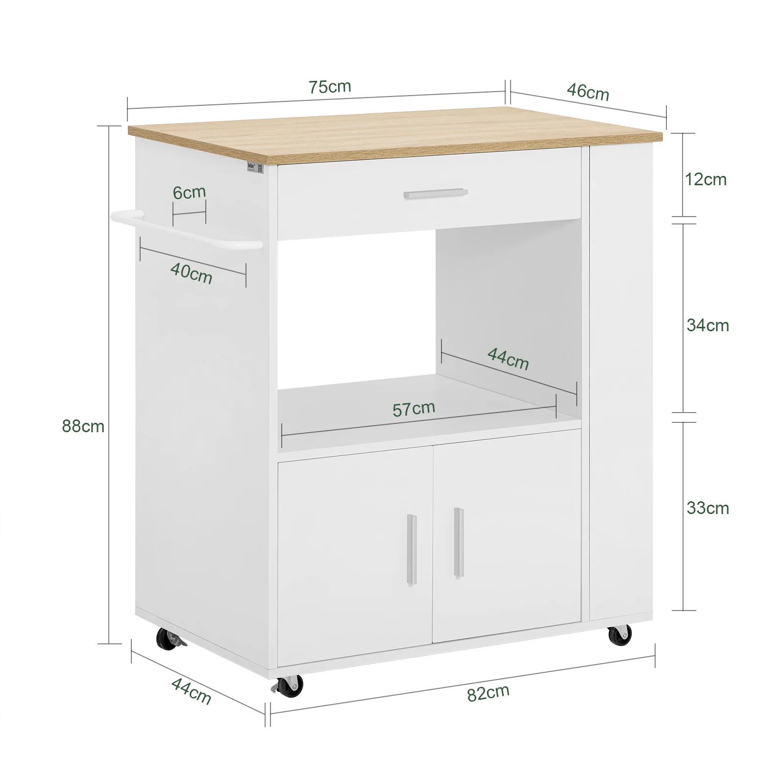 SoBuy FKW113-WN Keukentrolley op Wieltjes – Keukenopbergmeubel met Lade en Deurtjes – Wit, 75x46x83 cm - Image 5