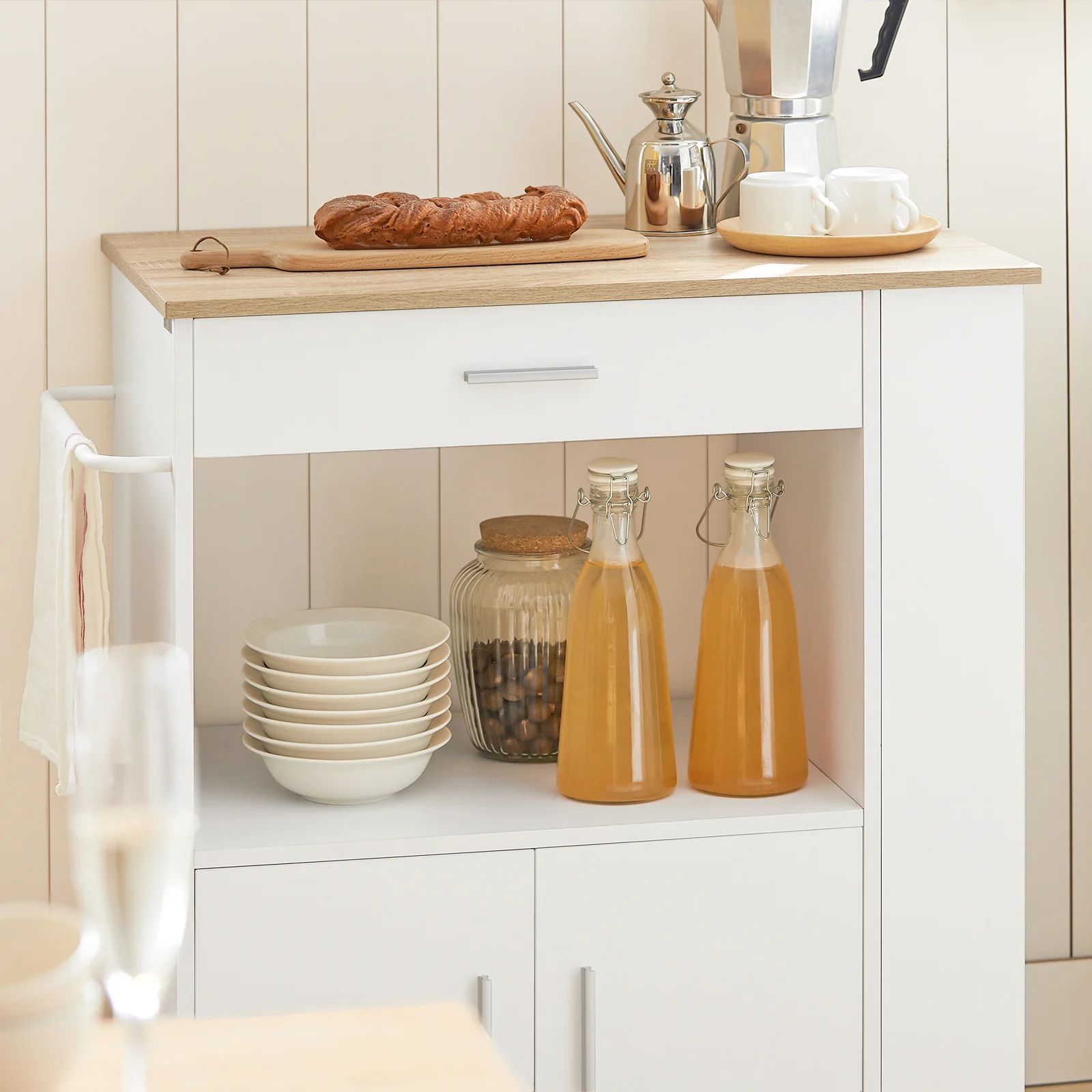 SoBuy FKW113-WN Keukentrolley op Wieltjes – Keukenopbergmeubel met Lade en Deurtjes – Wit, 75x46x83 cm - Image 7