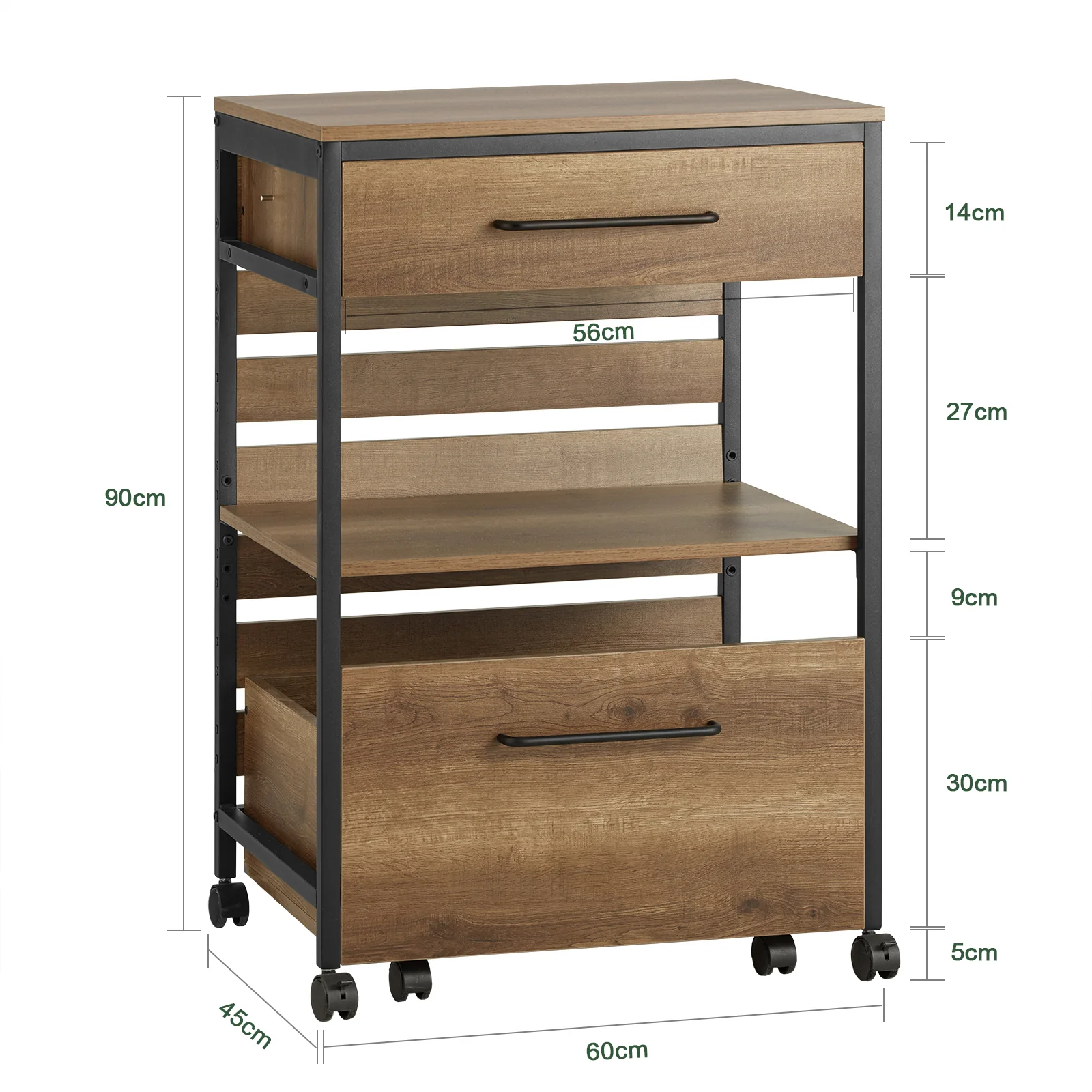 SoBuy FKW118-PF Keukentrolley met Wielen – Compact Keukenkastje met 2 Lades en Opbergvak, Industrieel Staal & Hout, 60×45×90 cm - Image 4