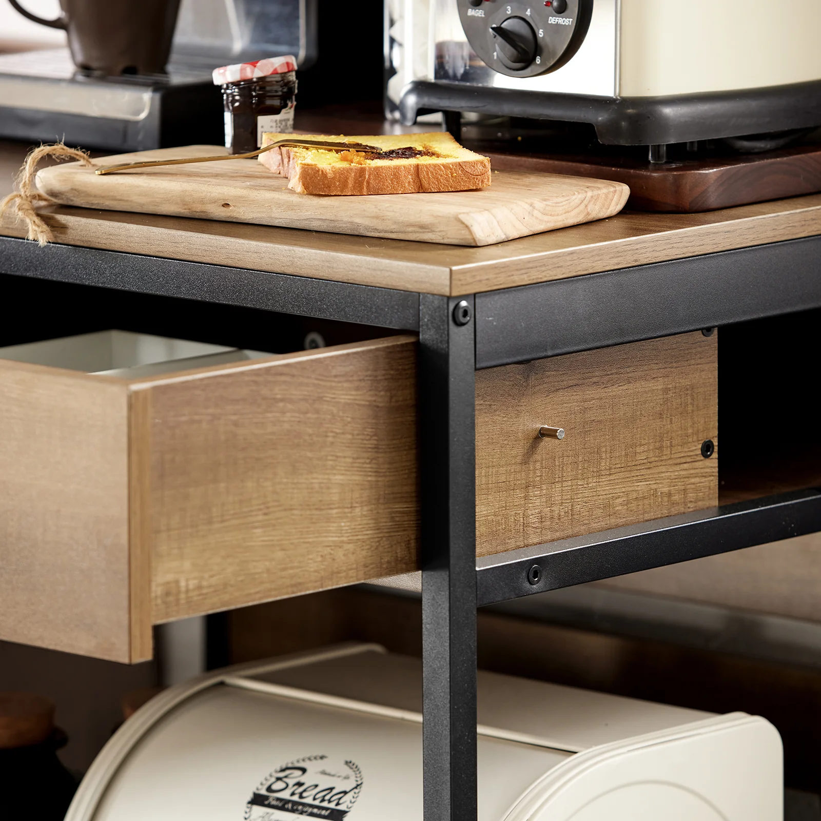 SoBuy FKW118-PF Keukentrolley met Wielen – Compact Keukenkastje met 2 Lades en Opbergvak, Industrieel Staal & Hout, 60×45×90 cm - Image 8