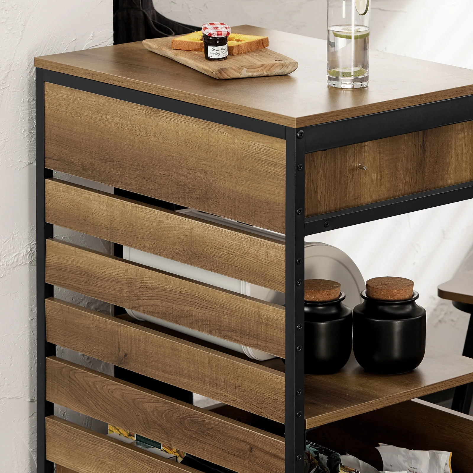 SoBuy FKW118-PF Keukentrolley met Wielen – Compact Keukenkastje met 2 Lades en Opbergvak, Industrieel Staal & Hout, 60×45×90 cm - Image 9