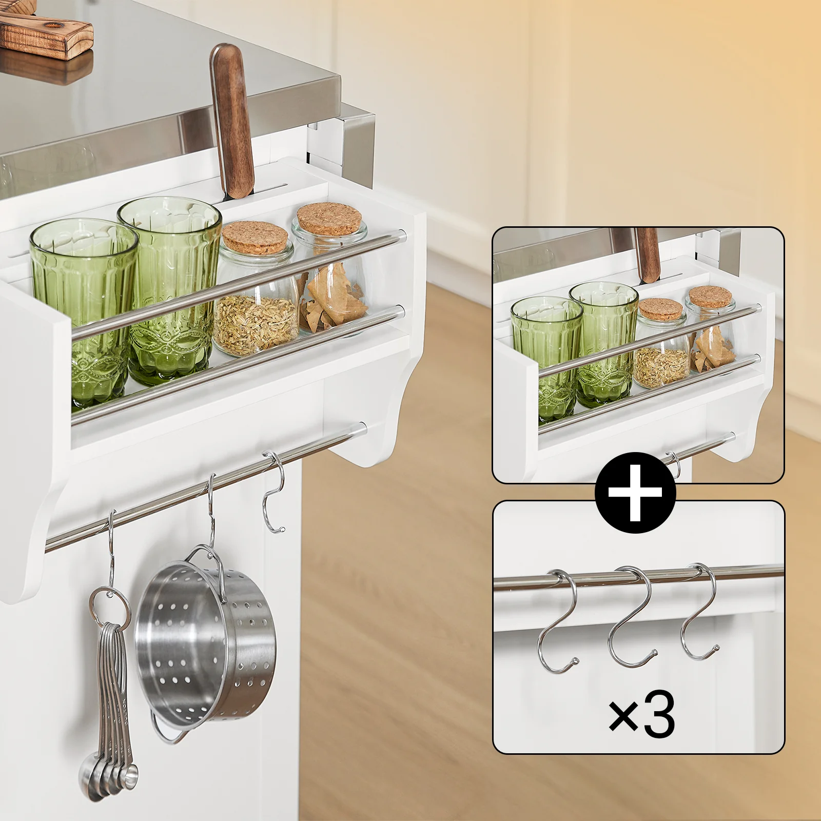 SoBuy FKW128-ST Keukentrolley op Wielen, Keukeneiland met Uitschuifbaar Werkblad, Mobiele Keukentrolley voor Keuken of Eetkamer, Keukenmeubel met Opbergruimte, Wit, 130 x 46/71 x 91 cm - Image 10