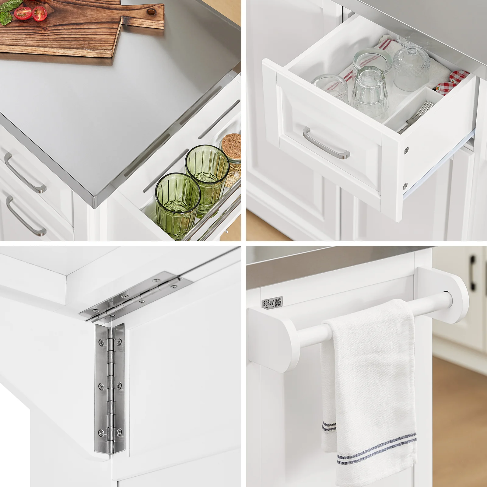 SoBuy FKW128-ST Keukentrolley op Wielen, Keukeneiland met Uitschuifbaar Werkblad, Mobiele Keukentrolley voor Keuken of Eetkamer, Keukenmeubel met Opbergruimte, Wit, 130 x 46/71 x 91 cm - Image 11