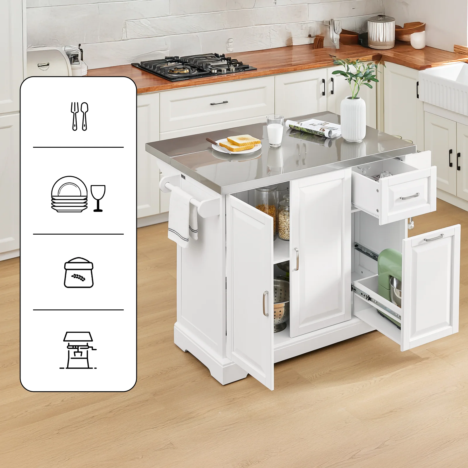 SoBuy FKW128-ST Keukentrolley op Wielen, Keukeneiland met Uitschuifbaar Werkblad, Mobiele Keukentrolley voor Keuken of Eetkamer, Keukenmeubel met Opbergruimte, Wit, 130 x 46/71 x 91 cm - Image 3