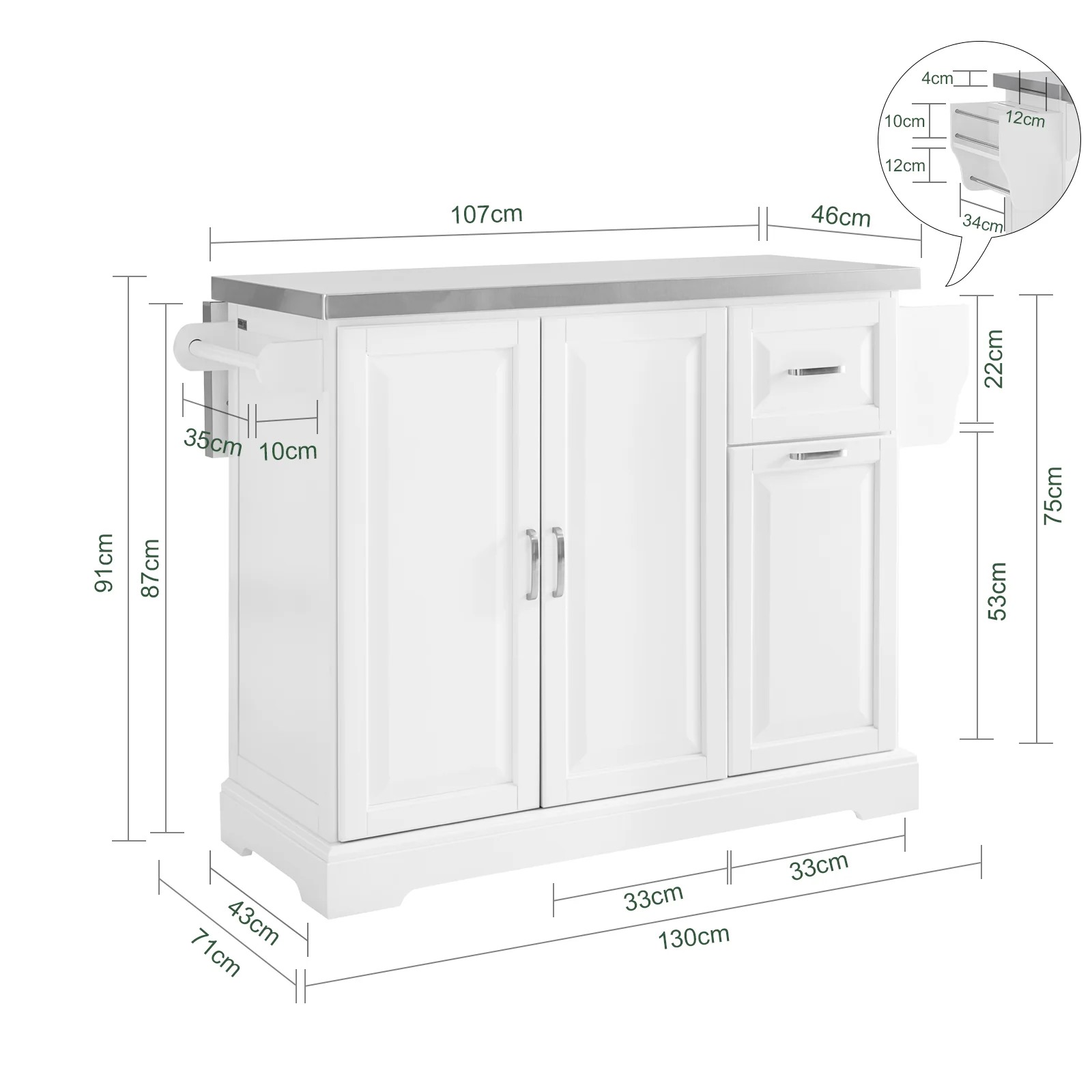 SoBuy FKW128-ST Keukentrolley op Wielen, Keukeneiland met Uitschuifbaar Werkblad, Mobiele Keukentrolley voor Keuken of Eetkamer, Keukenmeubel met Opbergruimte, Wit, 130 x 46/71 x 91 cm - Image 5