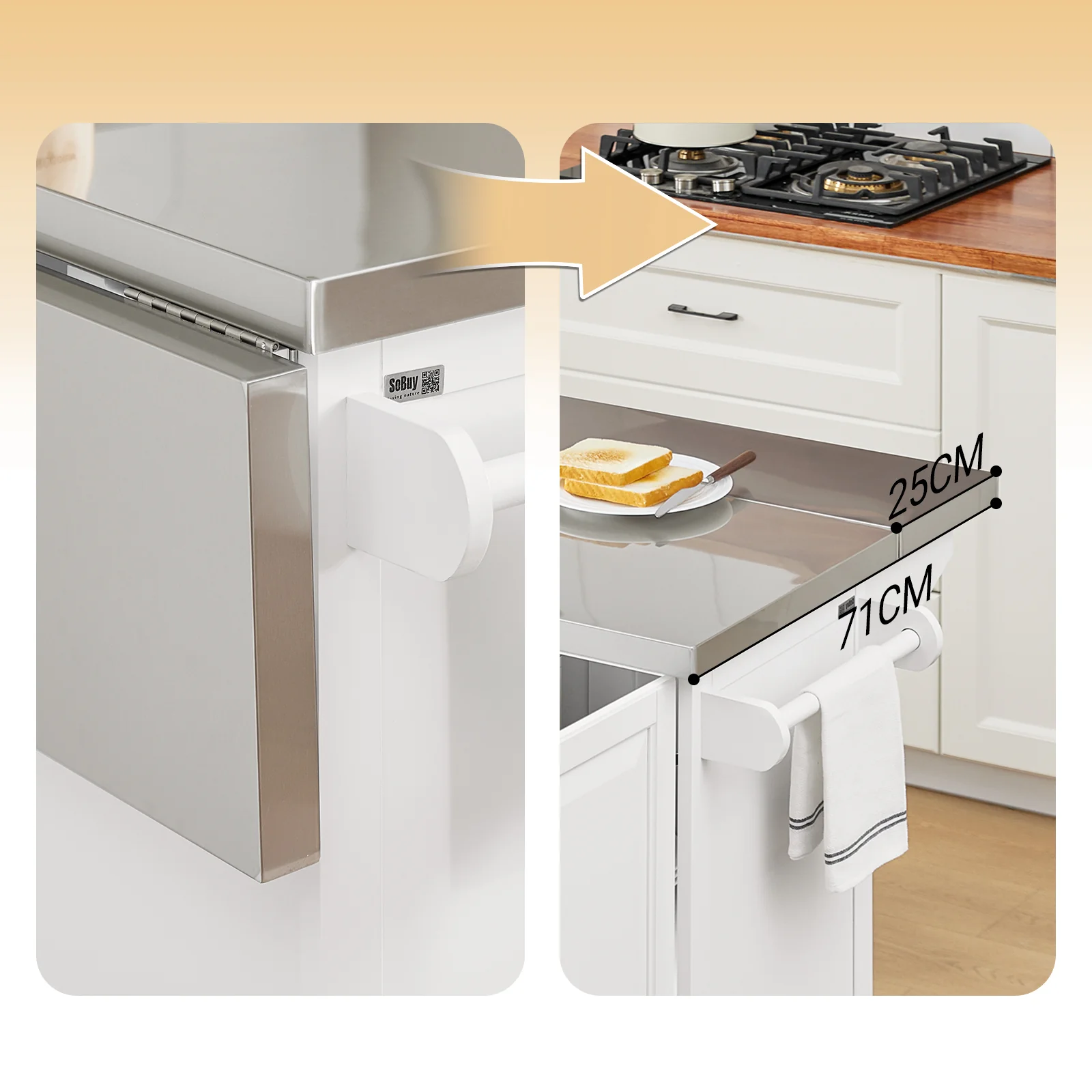 SoBuy FKW128-ST Keukentrolley op Wielen, Keukeneiland met Uitschuifbaar Werkblad, Mobiele Keukentrolley voor Keuken of Eetkamer, Keukenmeubel met Opbergruimte, Wit, 130 x 46/71 x 91 cm - Image 7