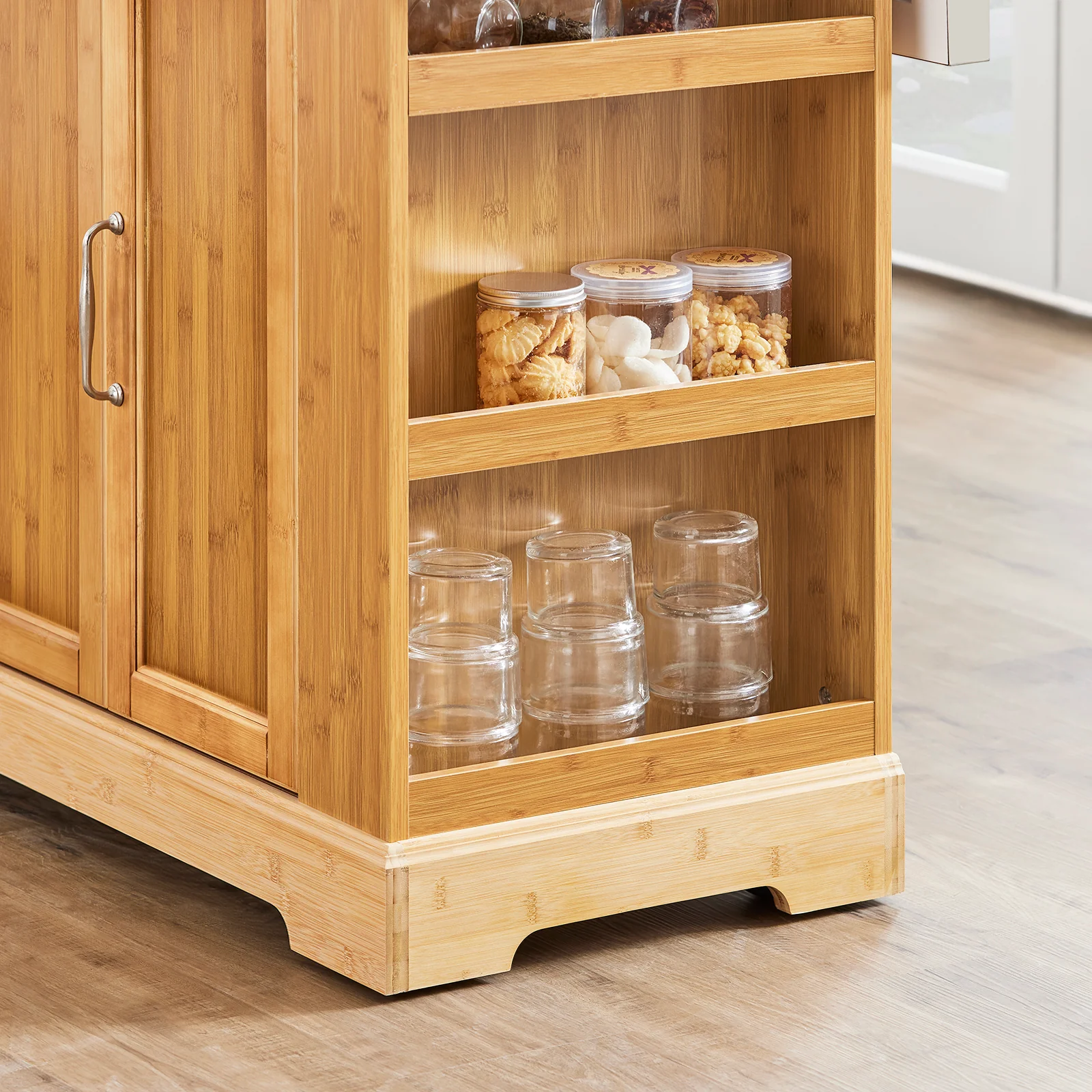 SoBuy FKW130-N Keukenkast op Wielen, Centrale Eiland met Uittrekbaar Werkblad, Mobiele Keukenwagen voor Keuken of Eetkamer, Keukenkast met Opbergruimte Natuur 107x(46–71) x92,5 cm - Image 11