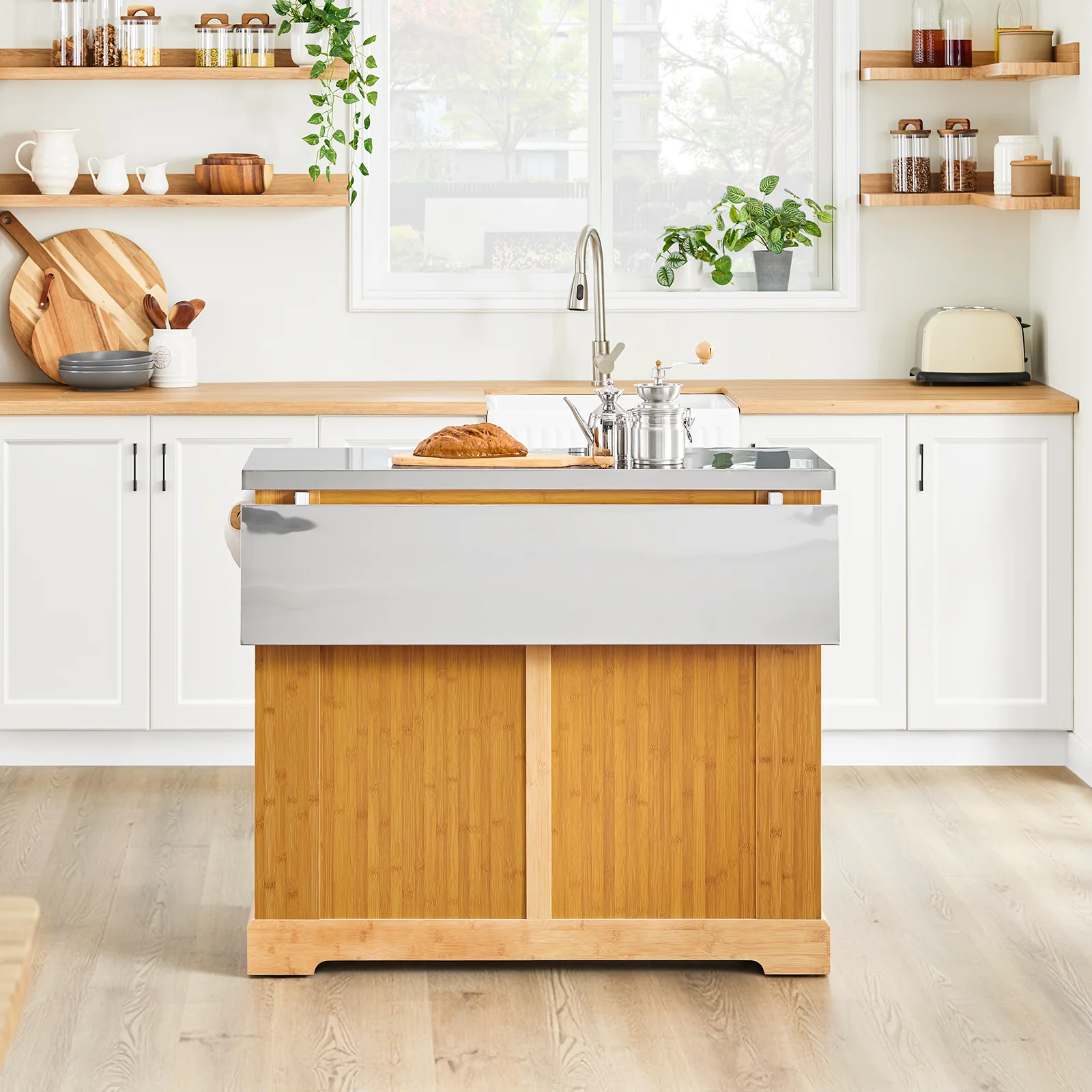 SoBuy FKW130-N Keukenkast op Wielen, Centrale Eiland met Uittrekbaar Werkblad, Mobiele Keukenwagen voor Keuken of Eetkamer, Keukenkast met Opbergruimte Natuur 107x(46–71) x92,5 cm - Image 15