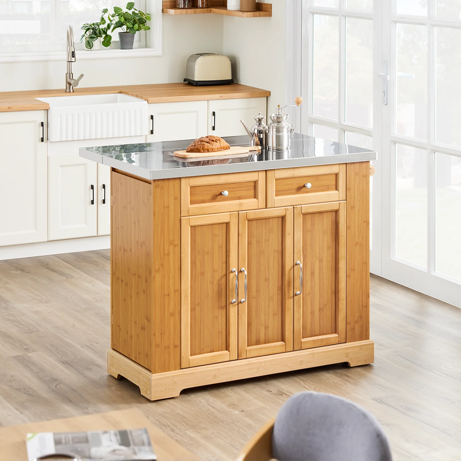 SoBuy FKW130-N Keukenkast op Wielen, Centrale Eiland met Uittrekbaar Werkblad, Mobiele Keukenwagen voor Keuken of Eetkamer, Keukenkast met Opbergruimte Natuur 107x(46–71) x92,5 cm - Image 16