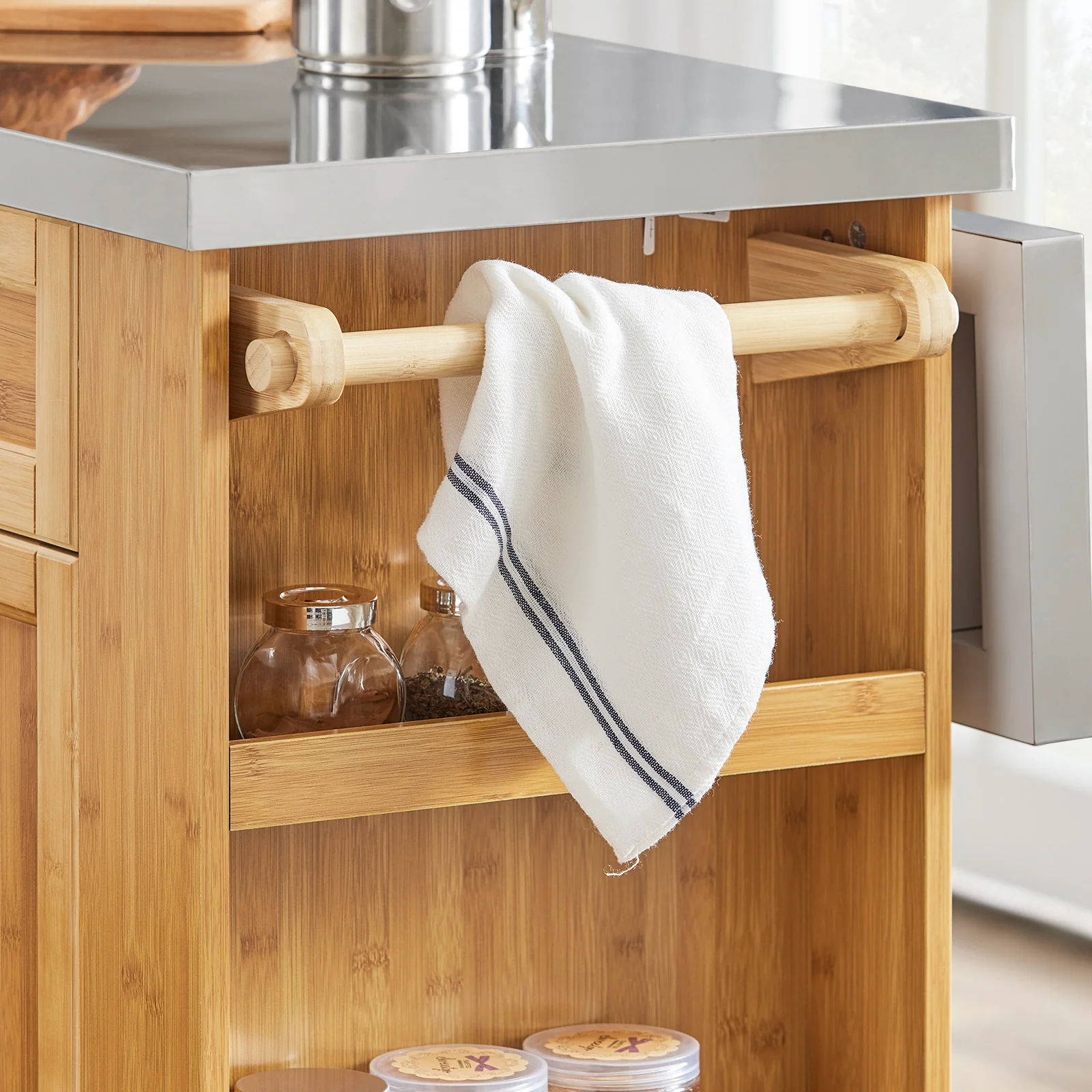 SoBuy FKW130-N Keukenkast op Wielen, Centrale Eiland met Uittrekbaar Werkblad, Mobiele Keukenwagen voor Keuken of Eetkamer, Keukenkast met Opbergruimte Natuur 107x(46–71) x92,5 cm - Image 8