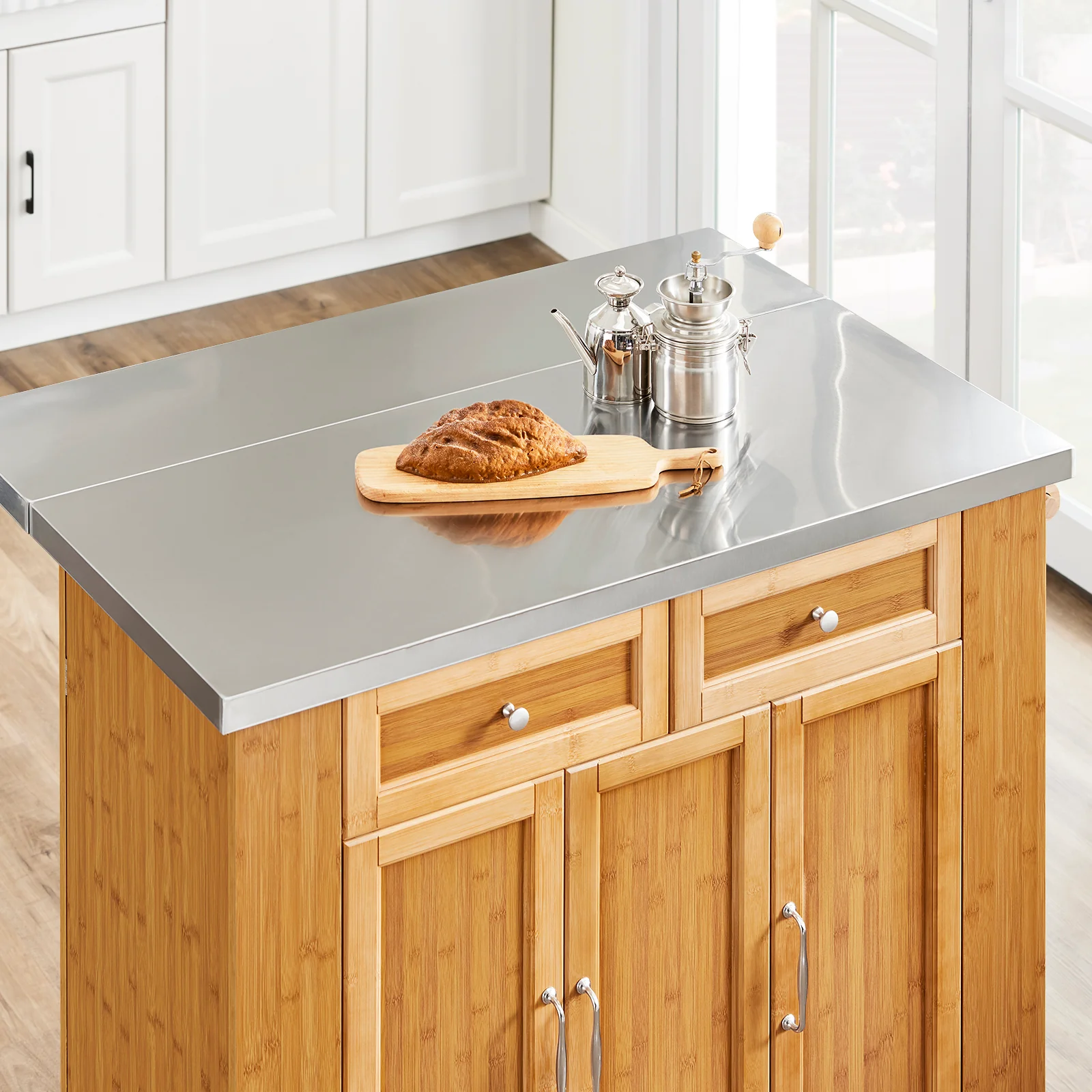 SoBuy FKW130-N Keukenkast op Wielen, Centrale Eiland met Uittrekbaar Werkblad, Mobiele Keukenwagen voor Keuken of Eetkamer, Keukenkast met Opbergruimte Natuur 107x(46–71) x92,5 cm - Image 9