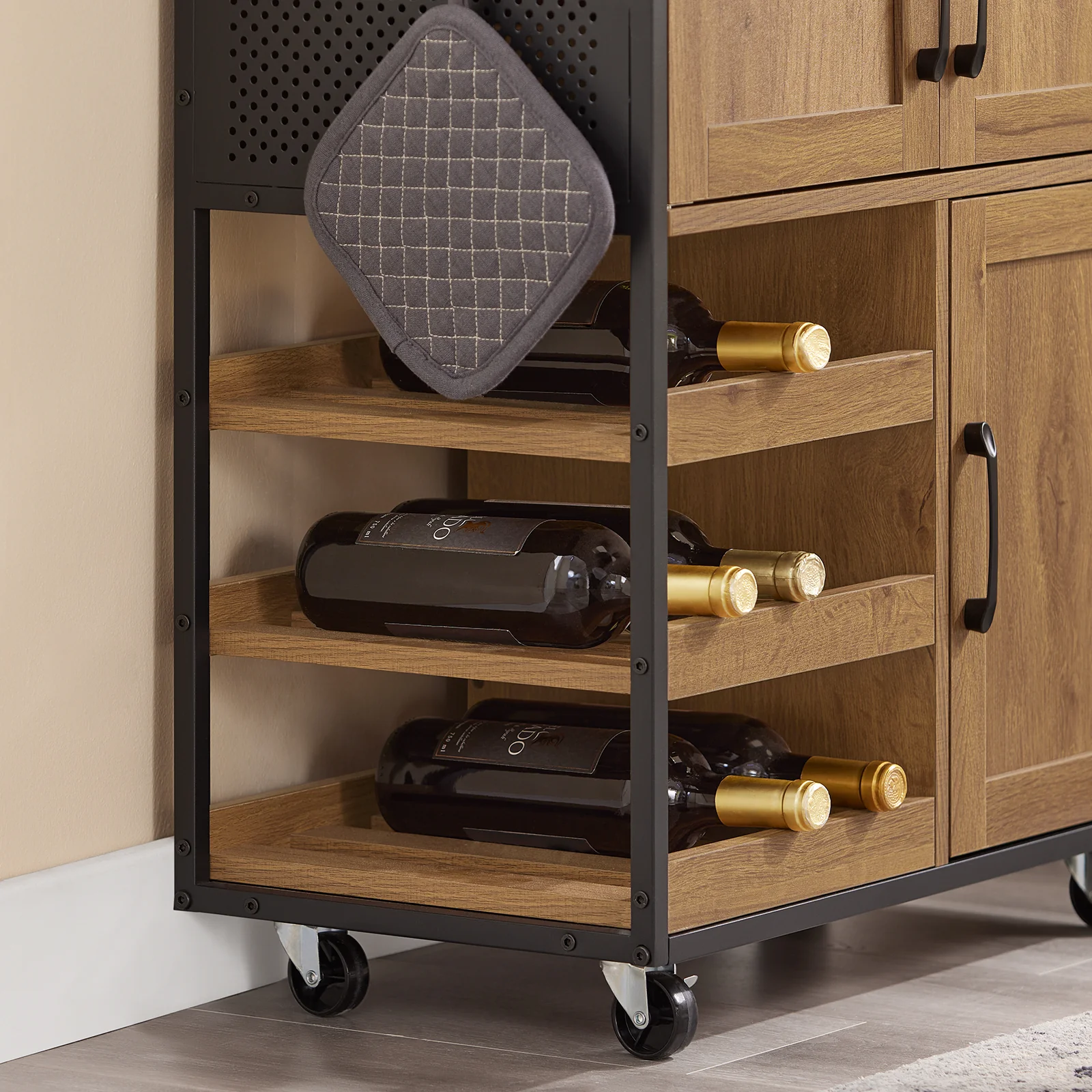 Pre-order SoBuy FKW134-N Keukenkast op Wielen met Werkblad, Keukenwagen met Lade, Wijnrek Compacte Eiland voor Keuken, Eetkamer en Buiten, Vintage Bruin 67x37x88 cm - Image 10