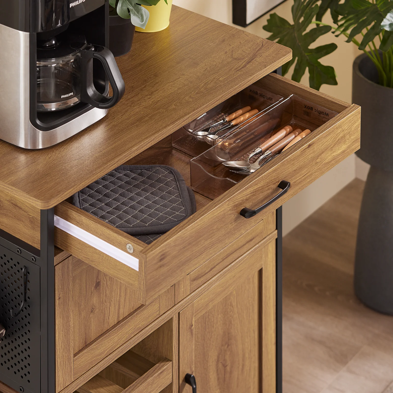 Pre-order SoBuy FKW134-N Keukenkast op Wielen met Werkblad, Keukenwagen met Lade, Wijnrek Compacte Eiland voor Keuken, Eetkamer en Buiten, Vintage Bruin 67x37x88 cm - Image 12