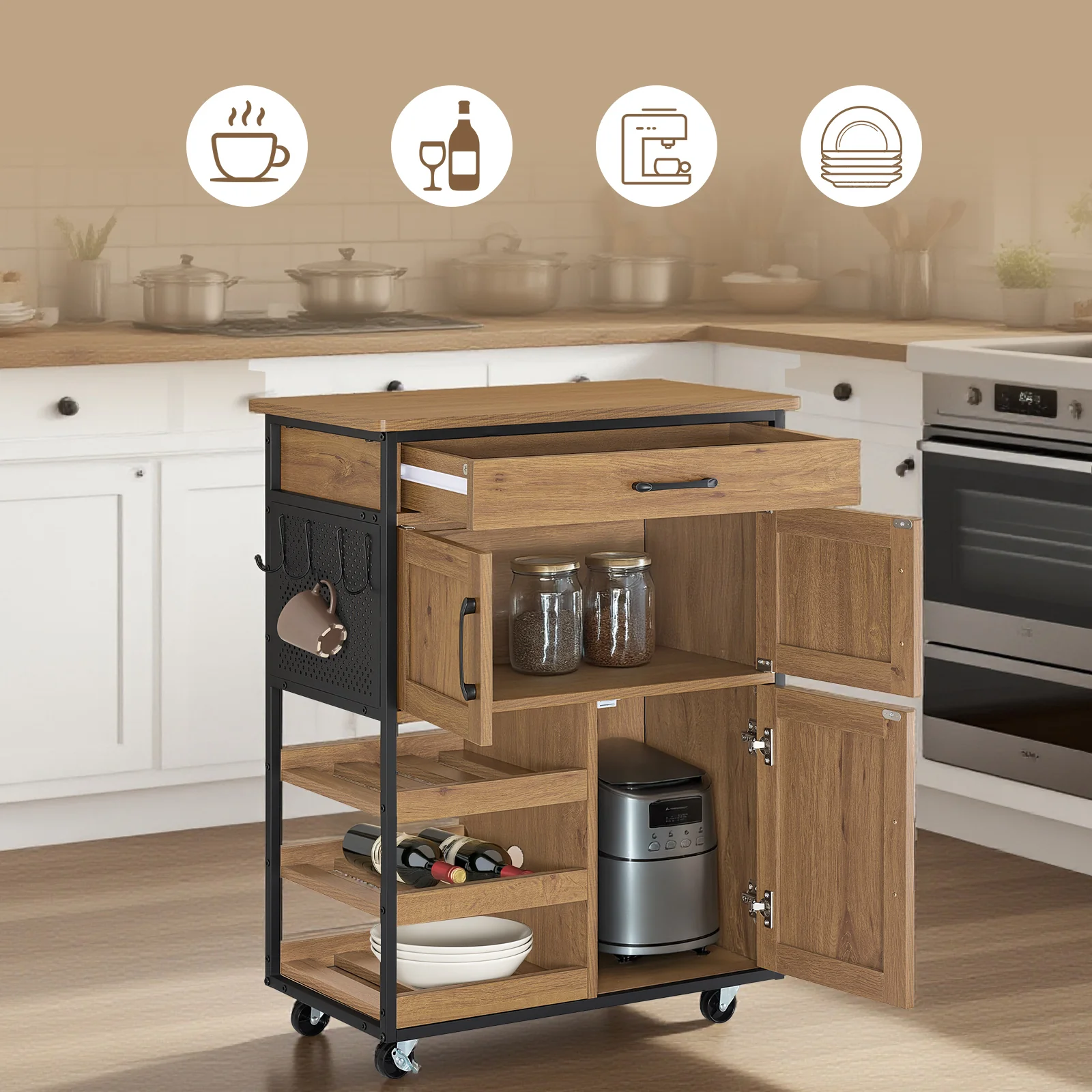 Pre-order SoBuy FKW134-N Keukenkast op Wielen met Werkblad, Keukenwagen met Lade, Wijnrek Compacte Eiland voor Keuken, Eetkamer en Buiten, Vintage Bruin 67x37x88 cm - Image 3