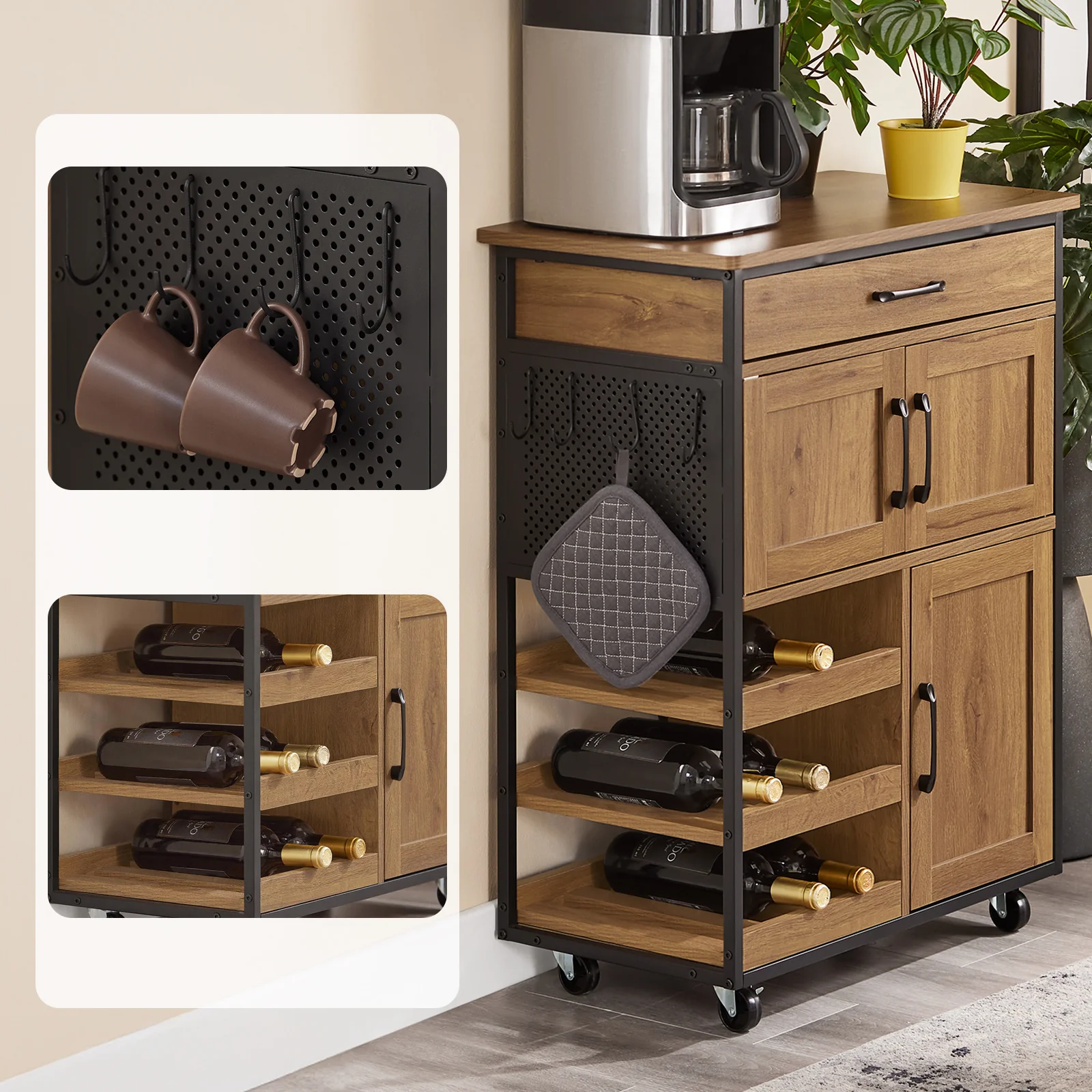 Pre-order SoBuy FKW134-N Keukenkast op Wielen met Werkblad, Keukenwagen met Lade, Wijnrek Compacte Eiland voor Keuken, Eetkamer en Buiten, Vintage Bruin 67x37x88 cm - Image 4