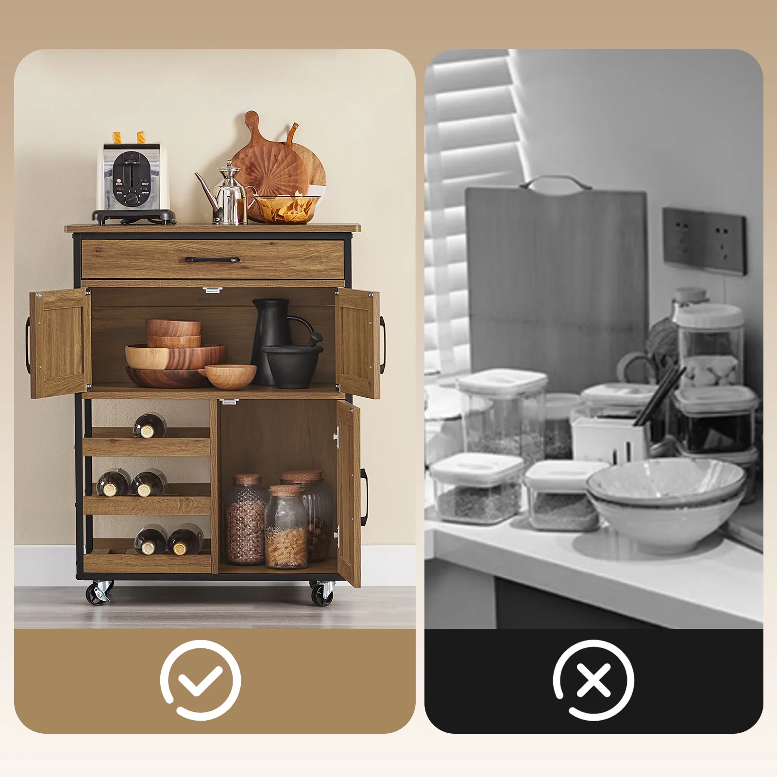 Pre-order SoBuy FKW134-N Keukenkast op Wielen met Werkblad, Keukenwagen met Lade, Wijnrek Compacte Eiland voor Keuken, Eetkamer en Buiten, Vintage Bruin 67x37x88 cm - Image 6