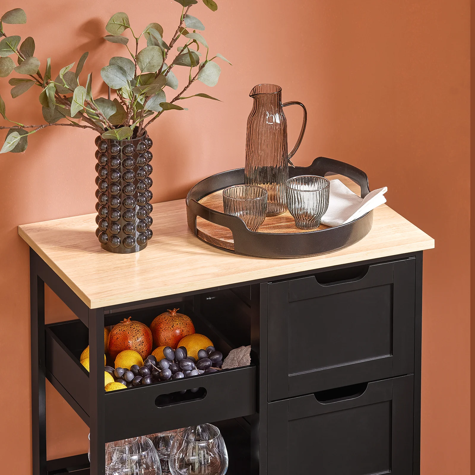 SoBuy FKW79-SCH Keukenkast op Wieltjes, Keuken Desserte met 3 Laden en 1 Verstelbaar Rek, Keukenopbergrek, L68xB38xH85cm, Zwart - Image 8