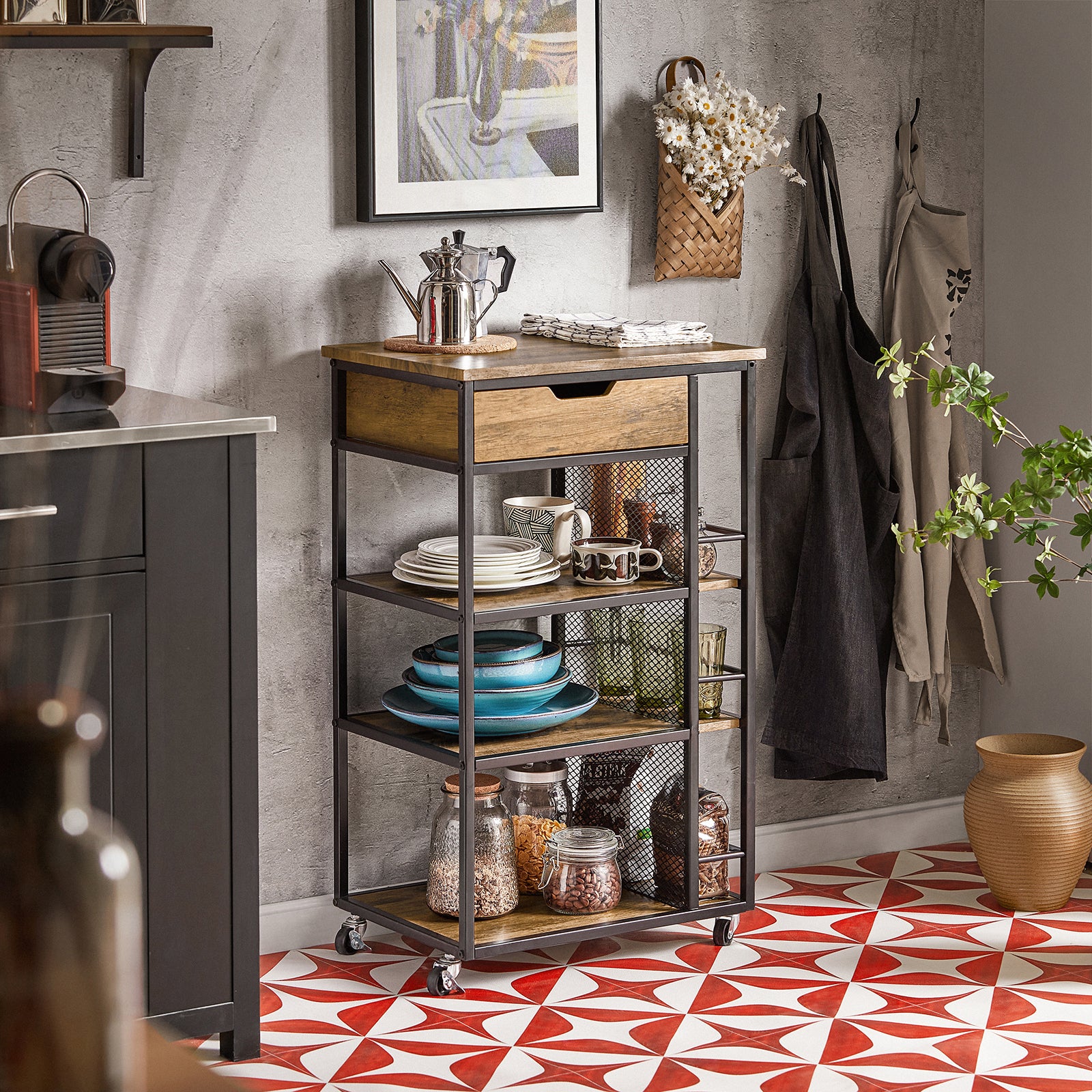 SoBuy FKW99-N serveerwagen met 6 planken en 1 lade bijzetwagen rolwagen theewagen barwagen keukentrolley keukentrolley - Image 3