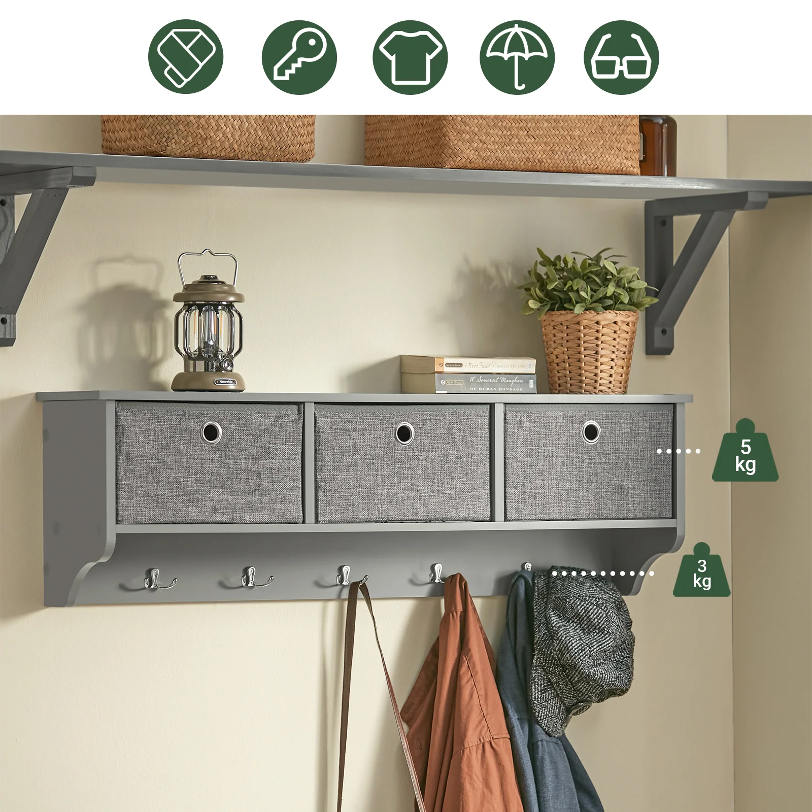 SoBuy FRG282-HG Wandkapstok met 5 Haken en 3 Mandjes – Houten Wandkapstok, Halmeubel met Plank – Hangende Kledingopslag voor Slaapkamer, Woonkamer, Badkamer – Grijs 100x20x30cm - Image 13