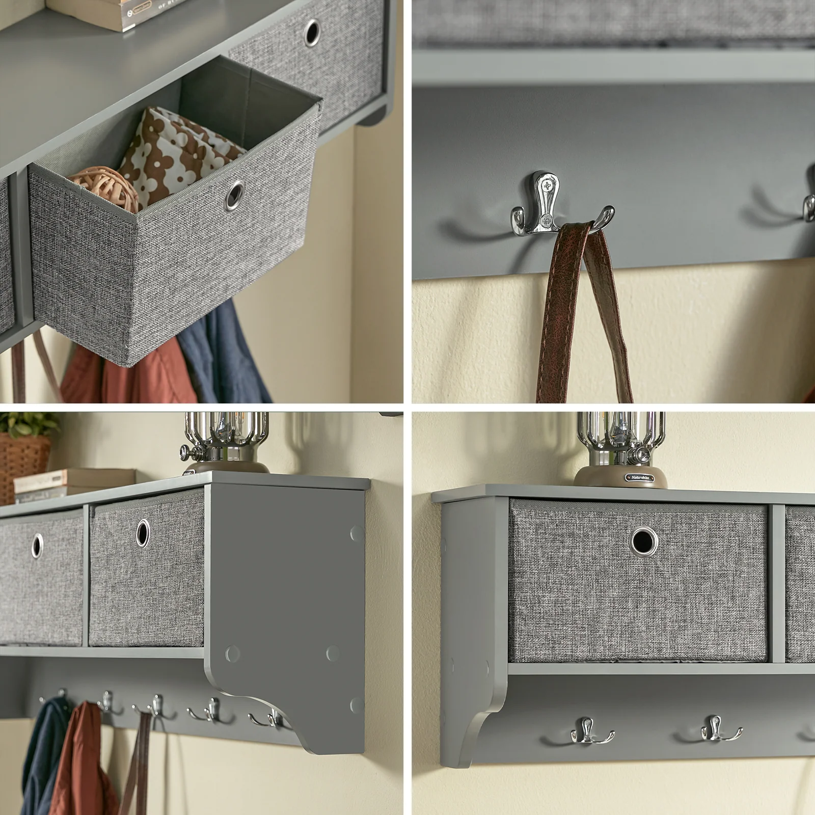 SoBuy FRG282-HG Wandkapstok met 5 Haken en 3 Mandjes – Houten Wandkapstok, Halmeubel met Plank – Hangende Kledingopslag voor Slaapkamer, Woonkamer, Badkamer – Grijs 100x20x30cm - Image 14