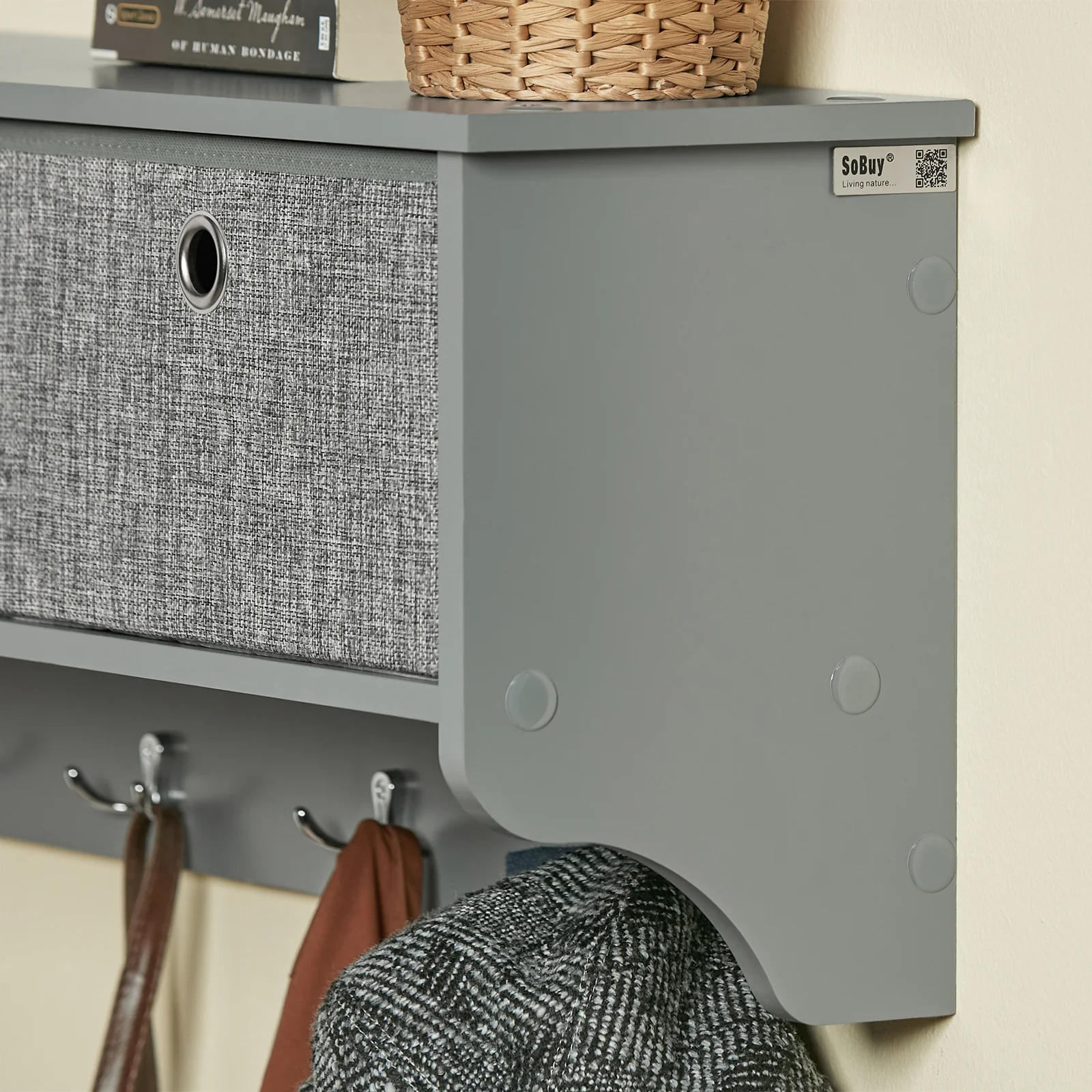 SoBuy FRG282-HG Wandkapstok met 5 Haken en 3 Mandjes – Houten Wandkapstok, Halmeubel met Plank – Hangende Kledingopslag voor Slaapkamer, Woonkamer, Badkamer – Grijs 100x20x30cm - Image 6