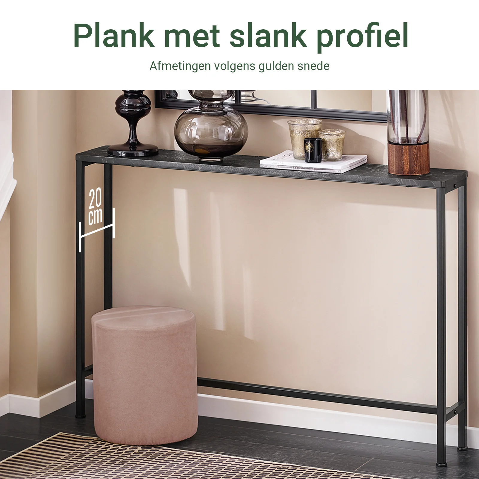 SoBuy FSB19-XL-SCH Smalle Console Tafel – Zwarte Marmerlook & Metalen Frame – Industriële Ingangstafel voor Hal, Woonkamer of Kantoor – 120x20x80cm - Image 3