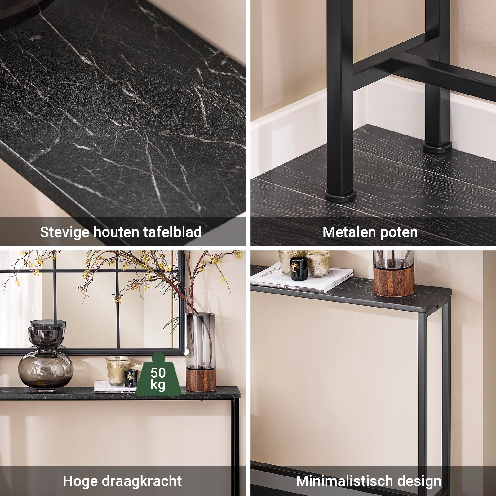 SoBuy FSB19-XL-SCH Smalle Console Tafel – Zwarte Marmerlook & Metalen Frame – Industriële Ingangstafel voor Hal, Woonkamer of Kantoor – 120x20x80cm - Image 5
