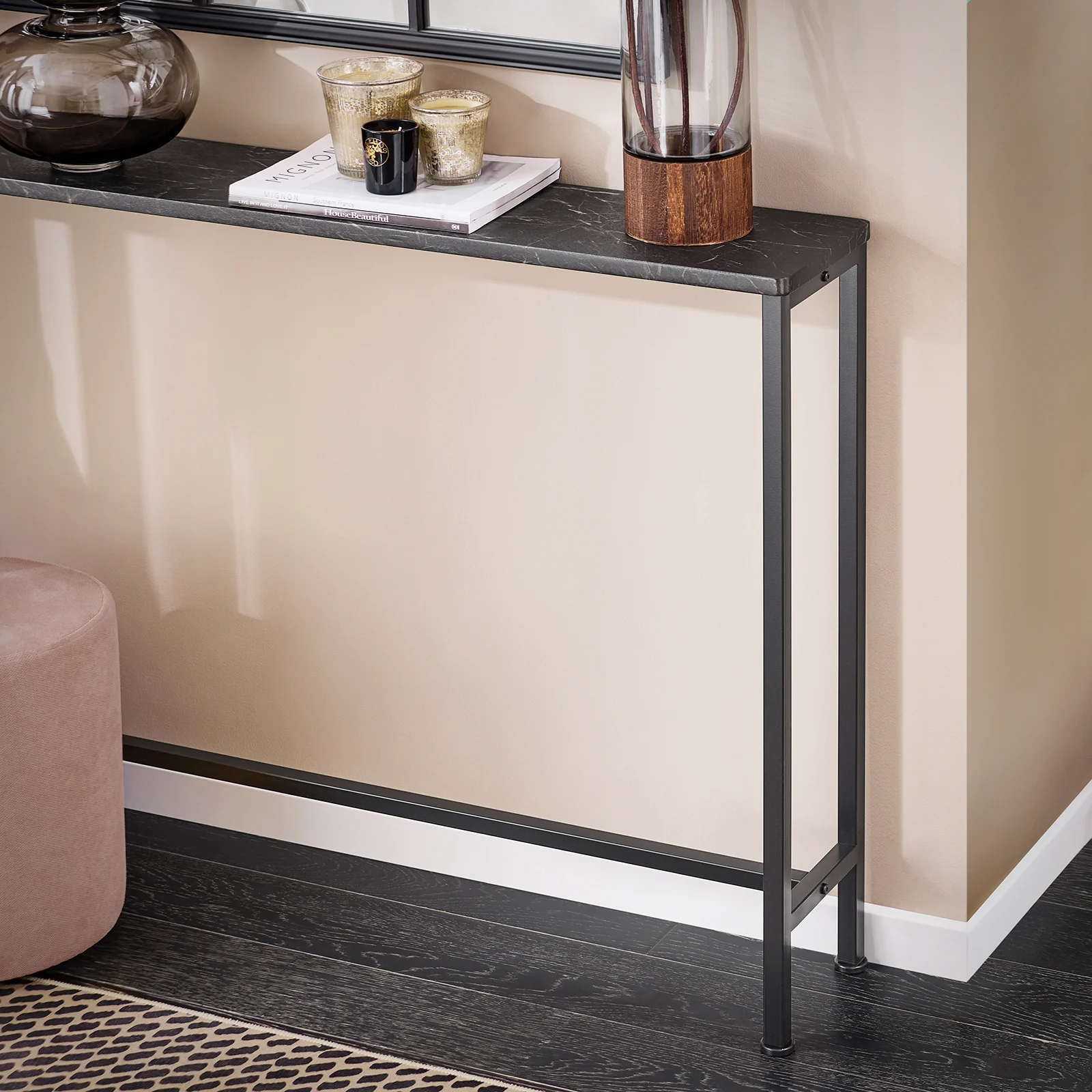 SoBuy FSB19-XL-SCH Smalle Console Tafel – Zwarte Marmerlook & Metalen Frame – Industriële Ingangstafel voor Hal, Woonkamer of Kantoor – 120x20x80cm - Image 6