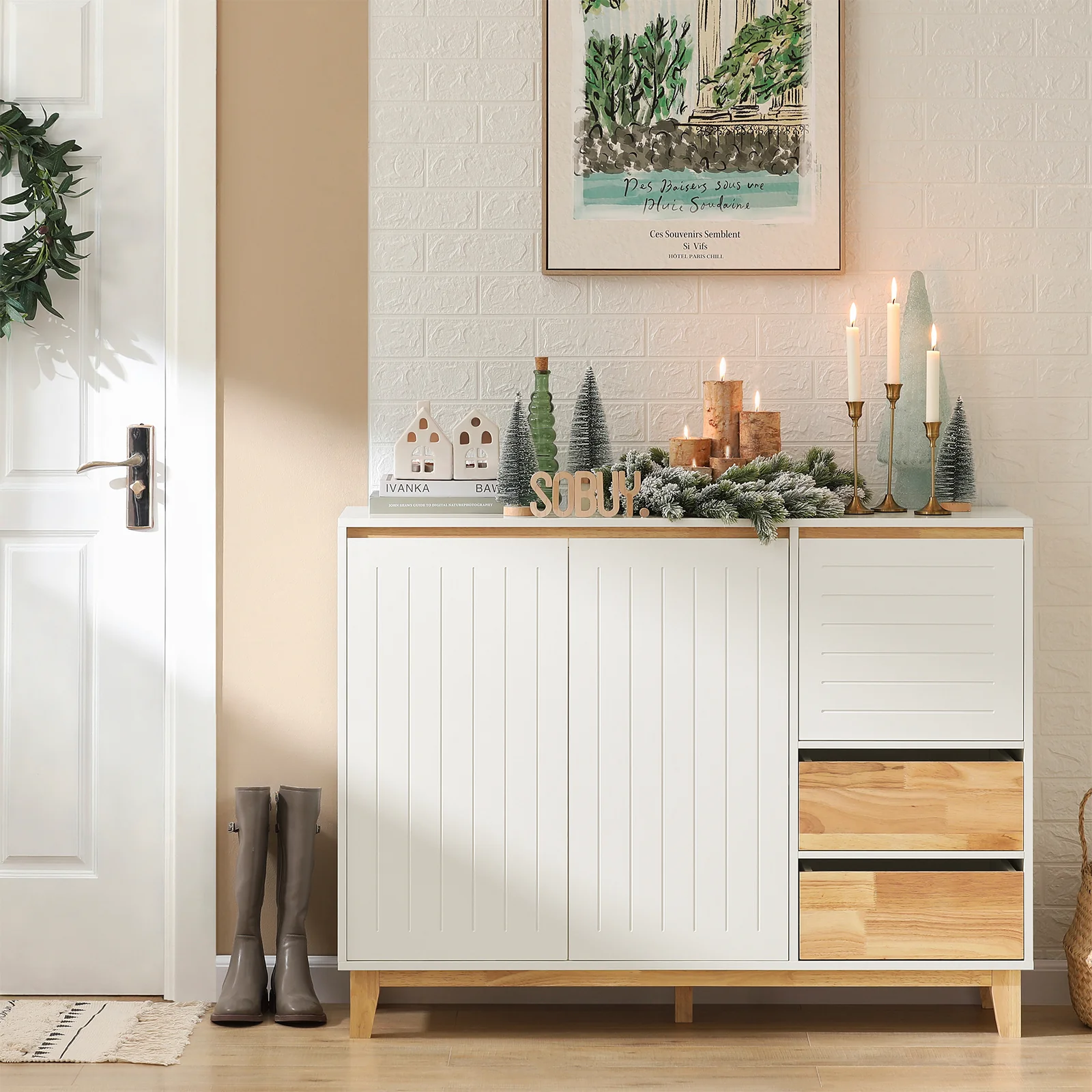 Pre-order SoBuy FSB75-WN Dressoir, Buffetkast, Keukenkast, Ladekast, Consolekast, Hoekkast, Multifunctionele Kast met 3 Deuren en 2 Lades - Image 4