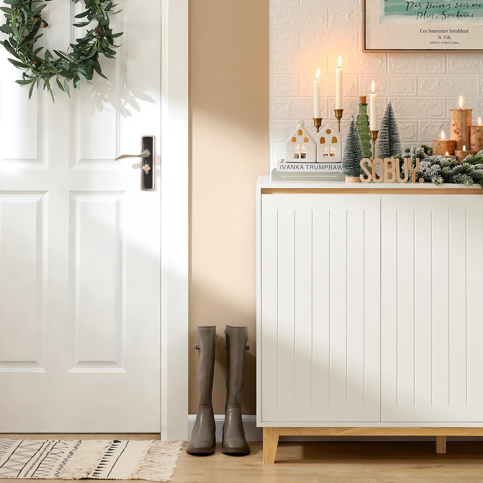 Pre-order SoBuy FSB75-WN Dressoir, Buffetkast, Keukenkast, Ladekast, Consolekast, Hoekkast, Multifunctionele Kast met 3 Deuren en 2 Lades - Image 6