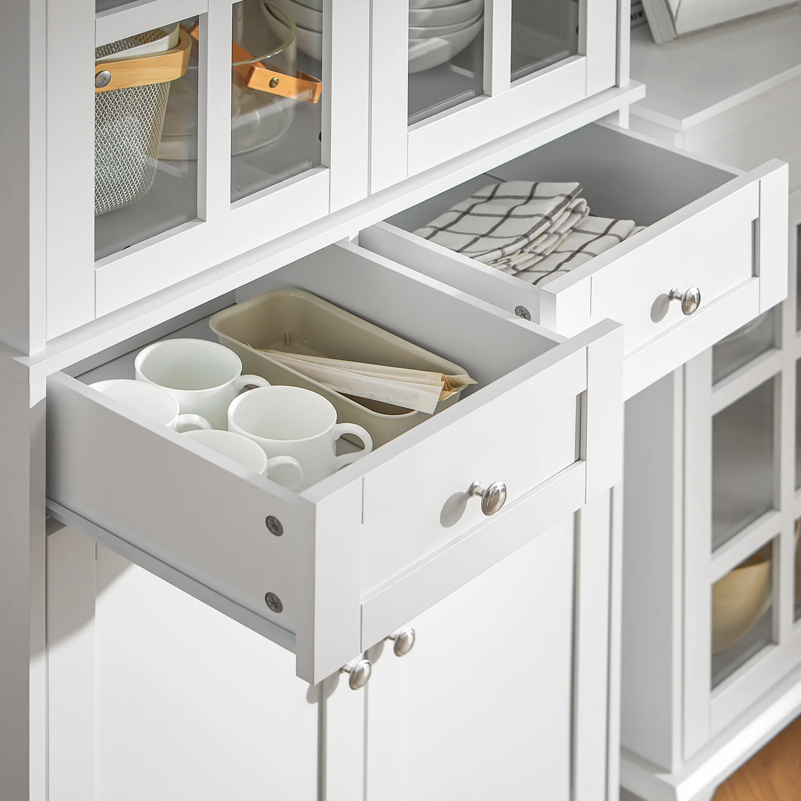 SoBuy FSB76-W Dressoir, Buffet, Keukenkast, Keukenmeubel, Commode, Consolemeubel, Opbergkast met Meerdere Opbergruimtes, voor Keuken, Eetkamer, Woonkamer met 4 Deuren en 2 Lades, 75x40x175 cm, Wit - Image 10