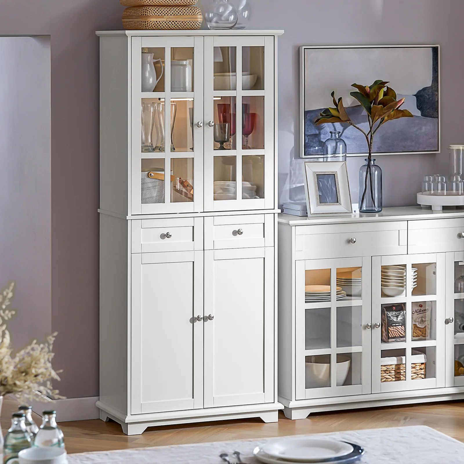 SoBuy FSB76-W Dressoir, Buffet, Keukenkast, Keukenmeubel, Commode, Consolemeubel, Opbergkast met Meerdere Opbergruimtes, voor Keuken, Eetkamer, Woonkamer met 4 Deuren en 2 Lades, 75x40x175 cm, Wit - Image 3
