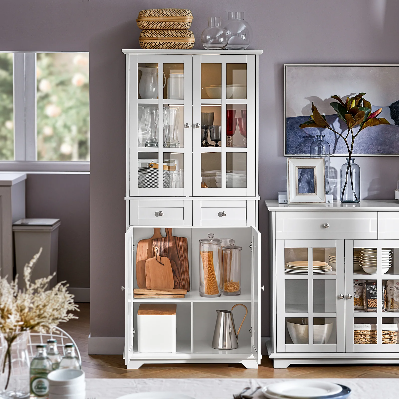 SoBuy FSB76-W Dressoir, Buffet, Keukenkast, Keukenmeubel, Commode, Consolemeubel, Opbergkast met Meerdere Opbergruimtes, voor Keuken, Eetkamer, Woonkamer met 4 Deuren en 2 Lades, 75x40x175 cm, Wit - Image 4