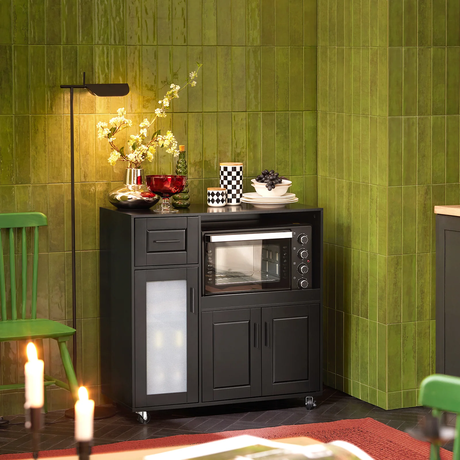 SoBuy FSB78-SCH Keuken Kast op Wieltjes met 3 Deuren, 1 Lade en 1 Compartiment - Ideaal voor Magnetron, Oven en Keukengerei - Image 4