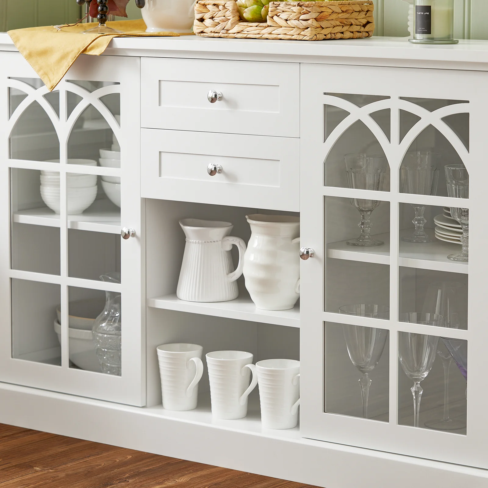 SoBuy FSB79-W Dressoir Ladekast Keukenkast met 2 Glazen Deuren, 2 Lades en 2 Planken, Opbergkast - Image 10