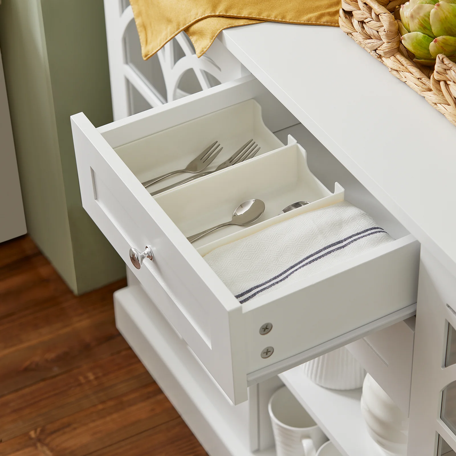 SoBuy FSB79-W Dressoir Ladekast Keukenkast met 2 Glazen Deuren, 2 Lades en 2 Planken, Opbergkast - Image 19