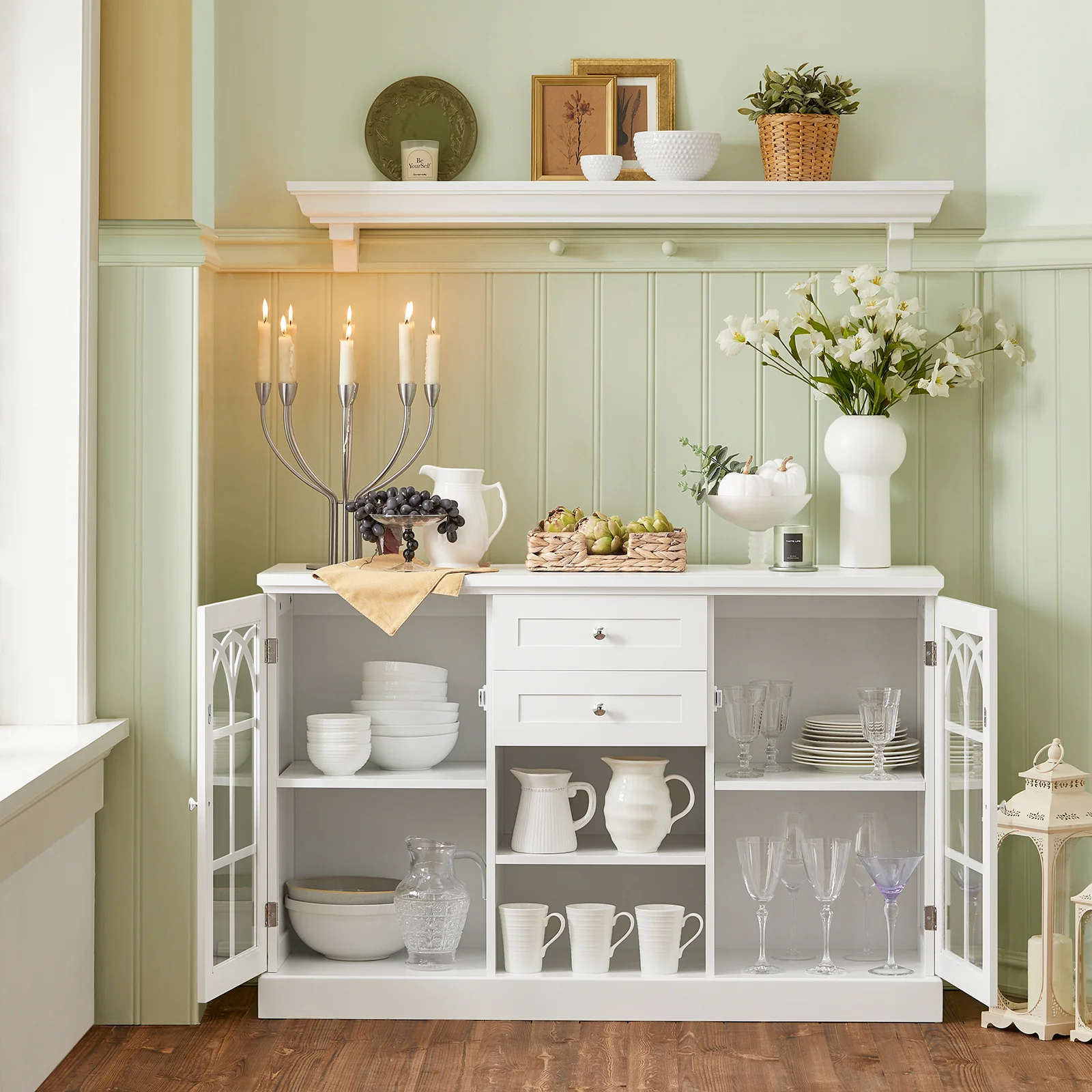 SoBuy FSB79-W Dressoir Ladekast Keukenkast met 2 Glazen Deuren, 2 Lades en 2 Planken, Opbergkast - Image 3