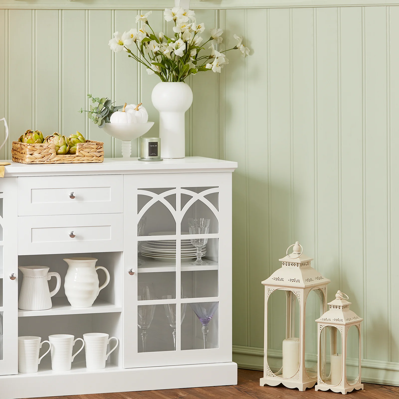 SoBuy FSB79-W Dressoir Ladekast Keukenkast met 2 Glazen Deuren, 2 Lades en 2 Planken, Opbergkast - Image 7