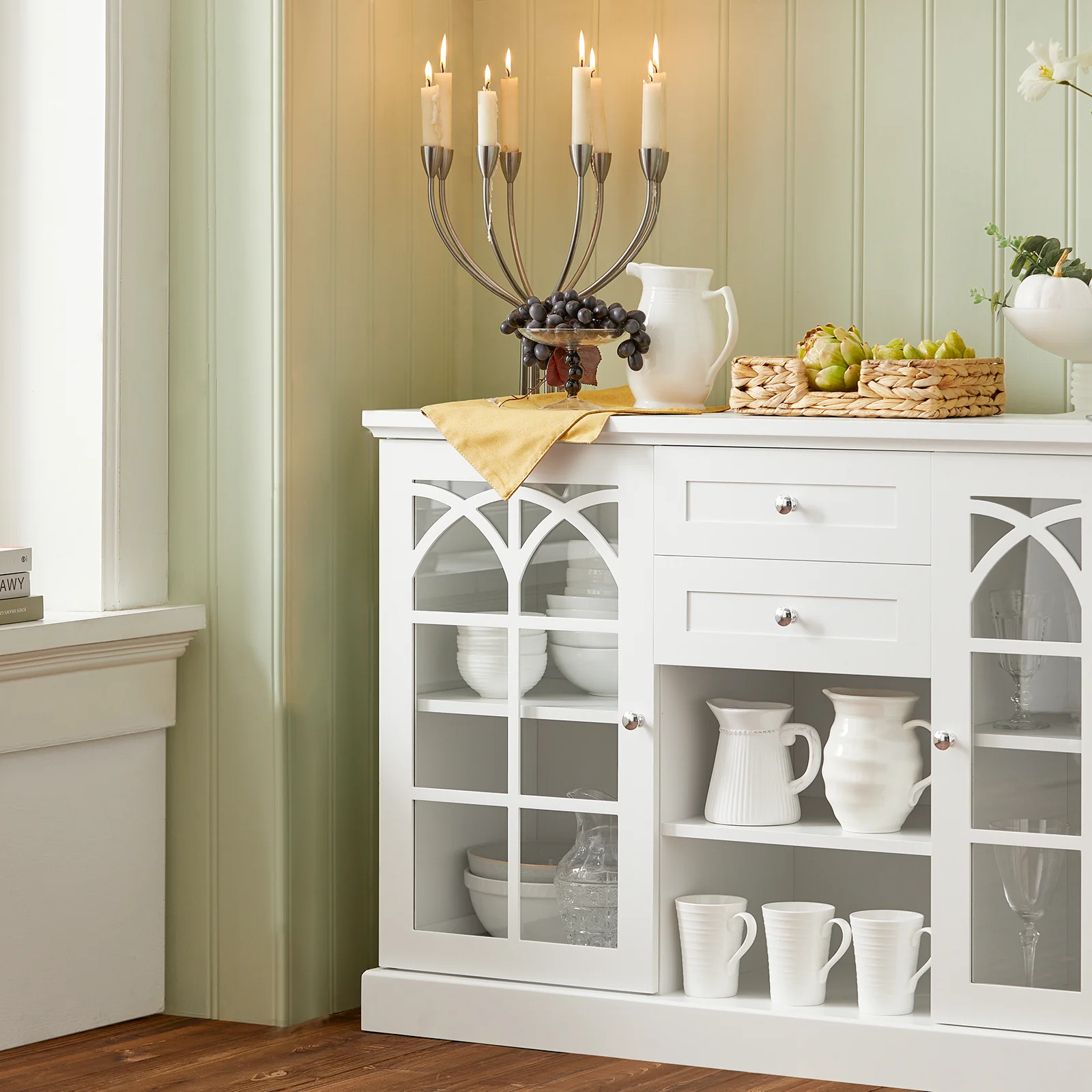 SoBuy FSB79-W Dressoir Ladekast Keukenkast met 2 Glazen Deuren, 2 Lades en 2 Planken, Opbergkast - Image 8