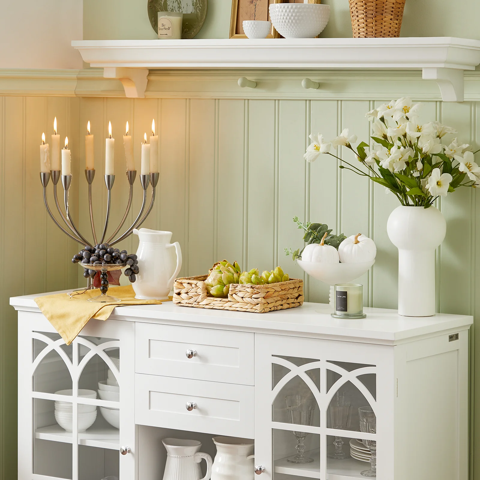 SoBuy FSB79-W Dressoir Ladekast Keukenkast met 2 Glazen Deuren, 2 Lades en 2 Planken, Opbergkast - Image 9