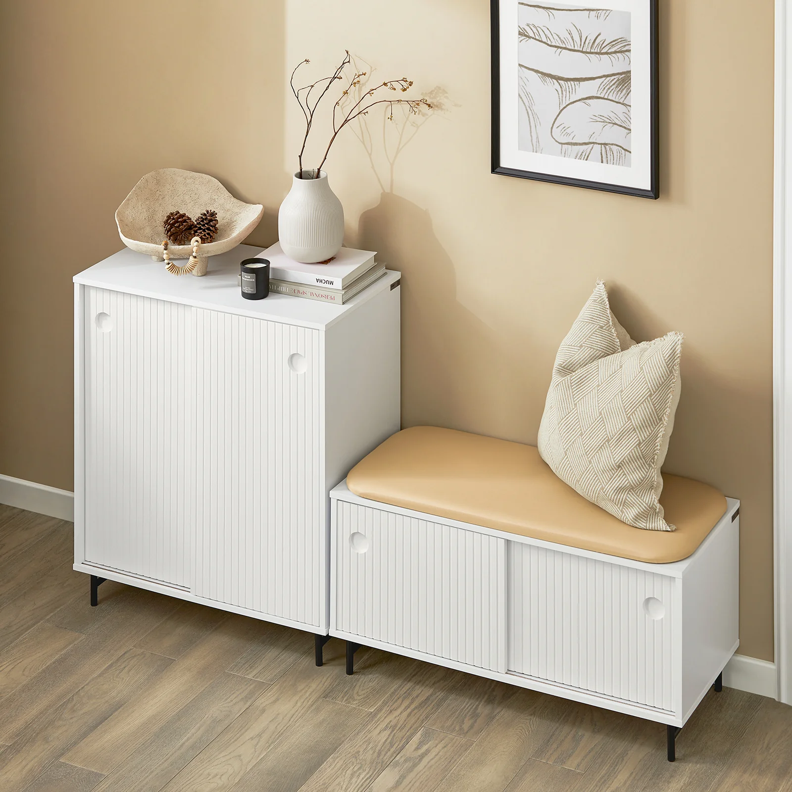 SoBuy FSR116-W Schoenenbank met Opbergruimte – 2 Schuifdeuren, 4 Verstelbare Planken & Comfortabel Kussen – 85x37x49 cm, Wit - Image 6