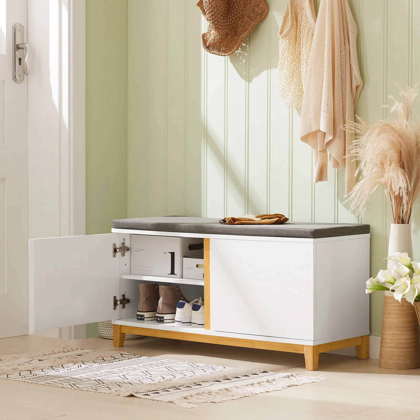 SoBuy FSR117-W Schoenenbank met Opbergruimte – 2-Deurs Kast met Zacht Kussen, Witte Schoenenopberger voor Hal, Slaapkamer en Woonkamer, 90x34x46 cm - Image 4