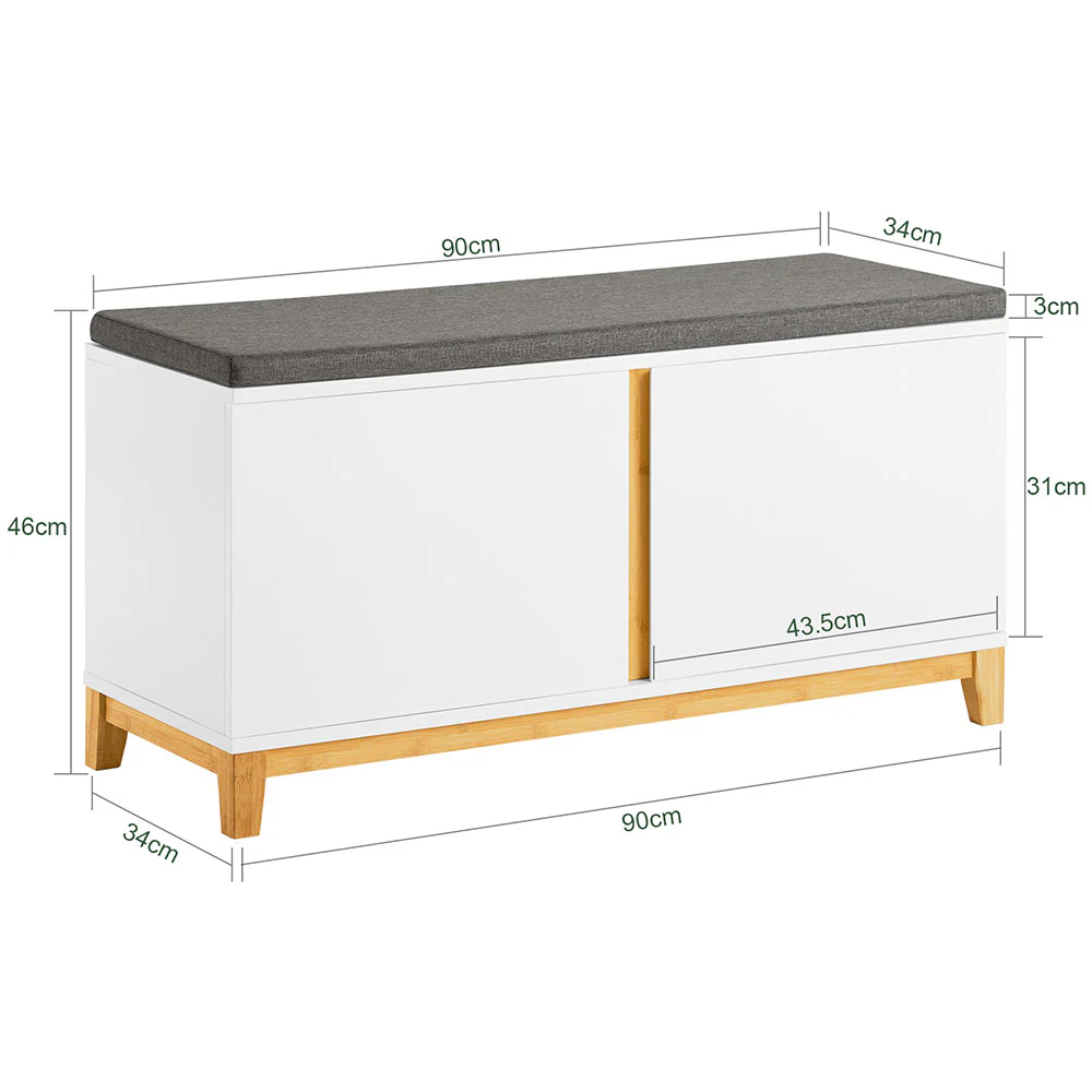 SoBuy FSR117-W Schoenenbank met Opbergruimte – 2-Deurs Kast met Zacht Kussen, Witte Schoenenopberger voor Hal, Slaapkamer en Woonkamer, 90x34x46 cm - Image 5