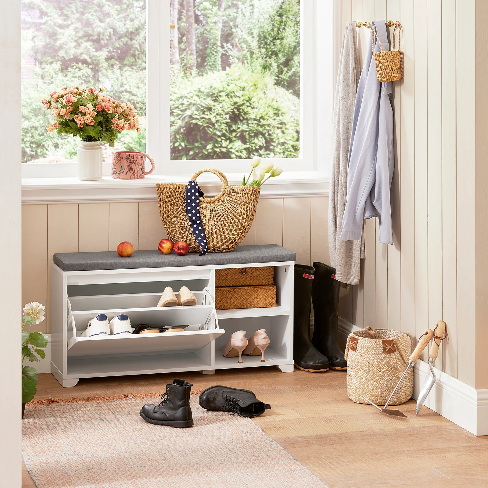 SoBuy FSR119-W Shoe Rekken Schoenbank met zitkussen Borstbank Zitbank met opbergruimte Garderobebank halenbank Schoenkist Zitcommode - Image 3