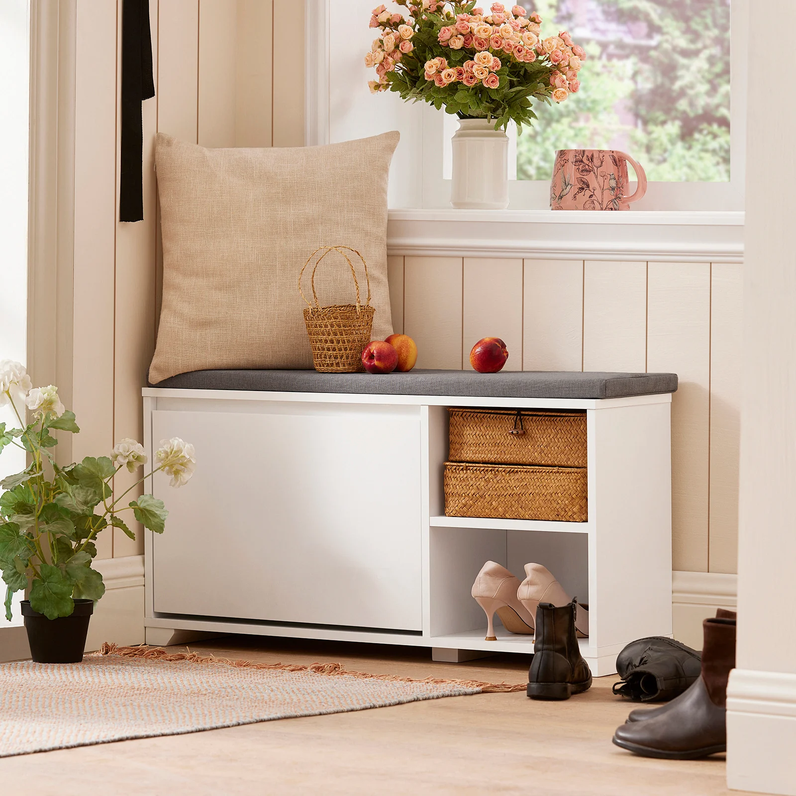 SoBuy FSR119-W Shoe Rekken Schoenbank met zitkussen Borstbank Zitbank met opbergruimte Garderobebank halenbank Schoenkist Zitcommode - Image 4