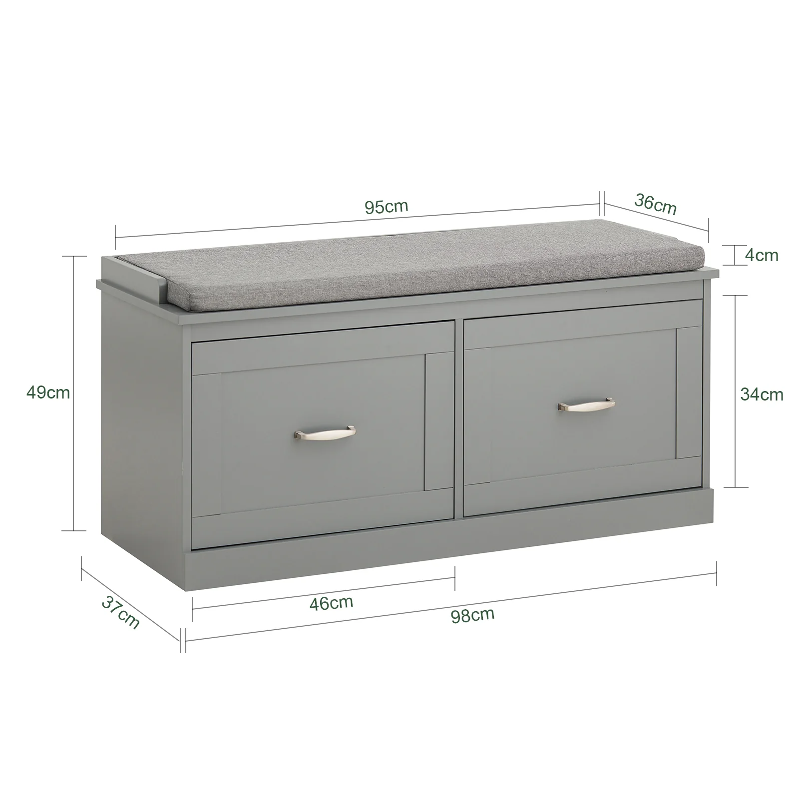 SoBuy FSR131-HG Schoenenbank voor Hal, Opbergbank met Kussen en 2 Deuren, Schoenenopberger voor Hal, Slaapkamer, Grijs, 90x34x46 cm - Image 5