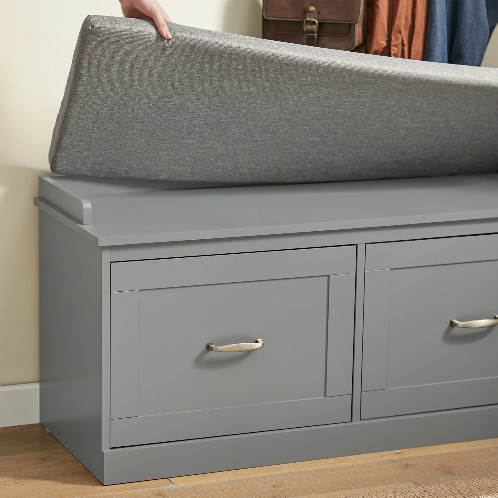 SoBuy FSR131-HG Schoenenbank voor Hal, Opbergbank met Kussen en 2 Deuren, Schoenenopberger voor Hal, Slaapkamer, Grijs, 90x34x46 cm - Image 7