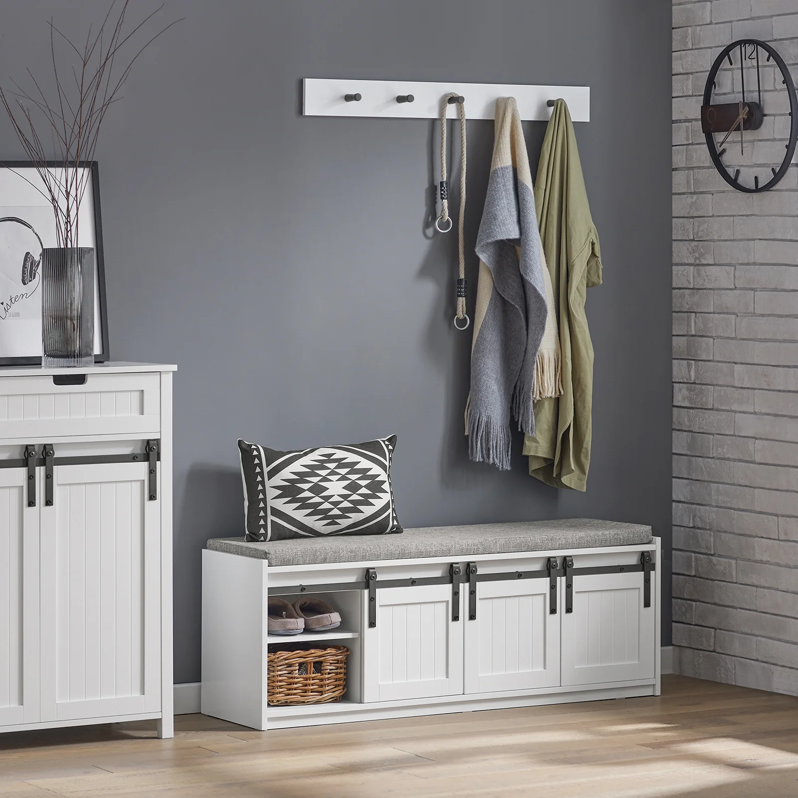 SoBuy FSR133-W Schoenenkast met Bank – 6 Vakken, Schuifdeur in Barn-Style, 200 kg Draagkracht – Ideaal voor Hal, Slaapkamer en Woonkamer – 120x35x45 cm - Image 3